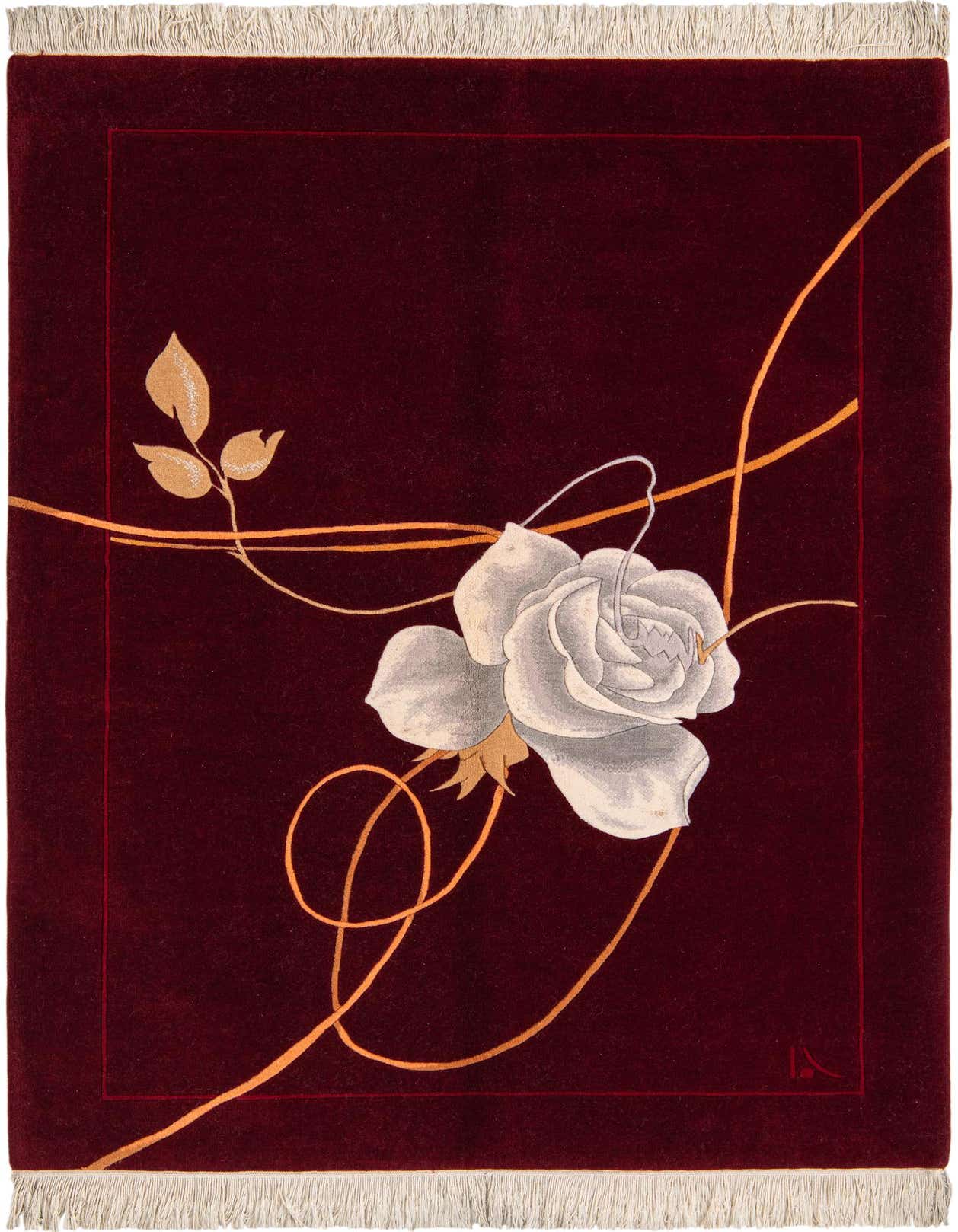 A 4x6 rectangular Darya rug in deep red with a large white rose and golden leaves and vines.