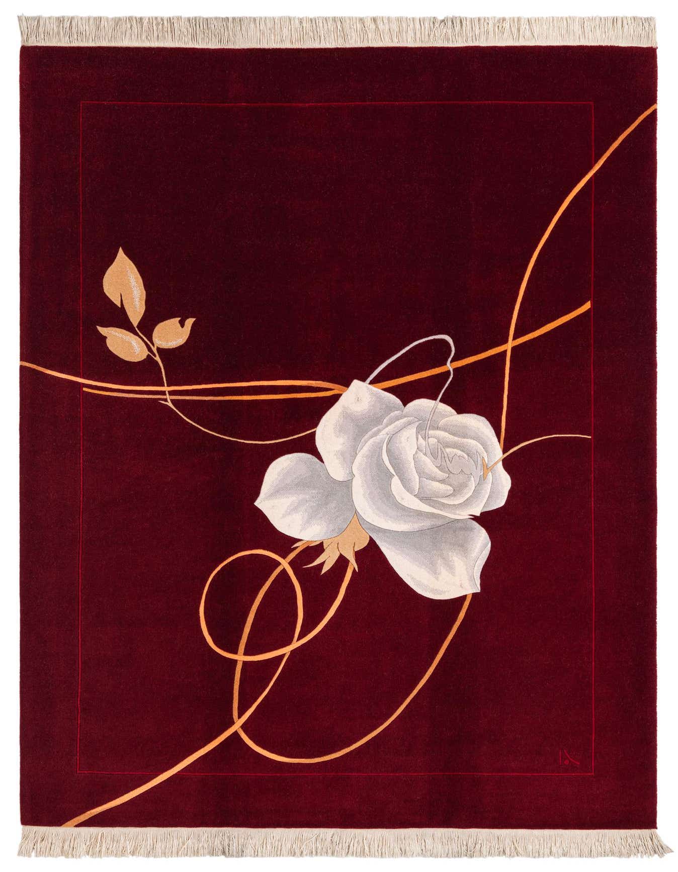 A 5x8 rectangular Darya rug in deep red, featuring a large white rose and gold swirling vines, with white fringe.
