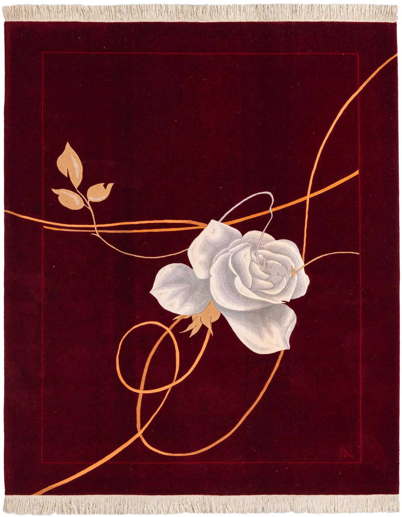 A 5x8 rectangular Darya rug in deep red, featuring a large white rose and golden swirling vines, with a high pile.
