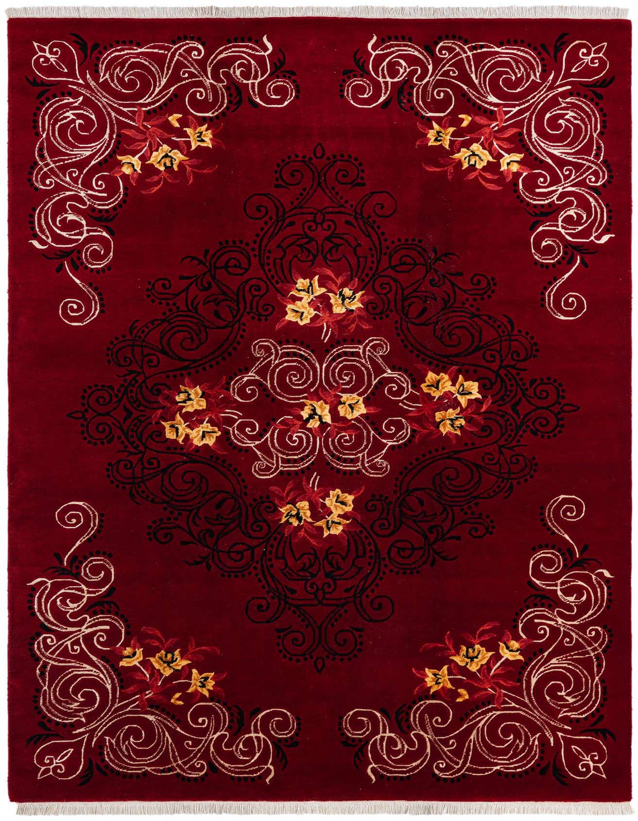 A 6x9 rectangular Darya rug with a deep red background, featuring an intricate modern oriental pattern of black, white, and gold floral and scroll motifs.