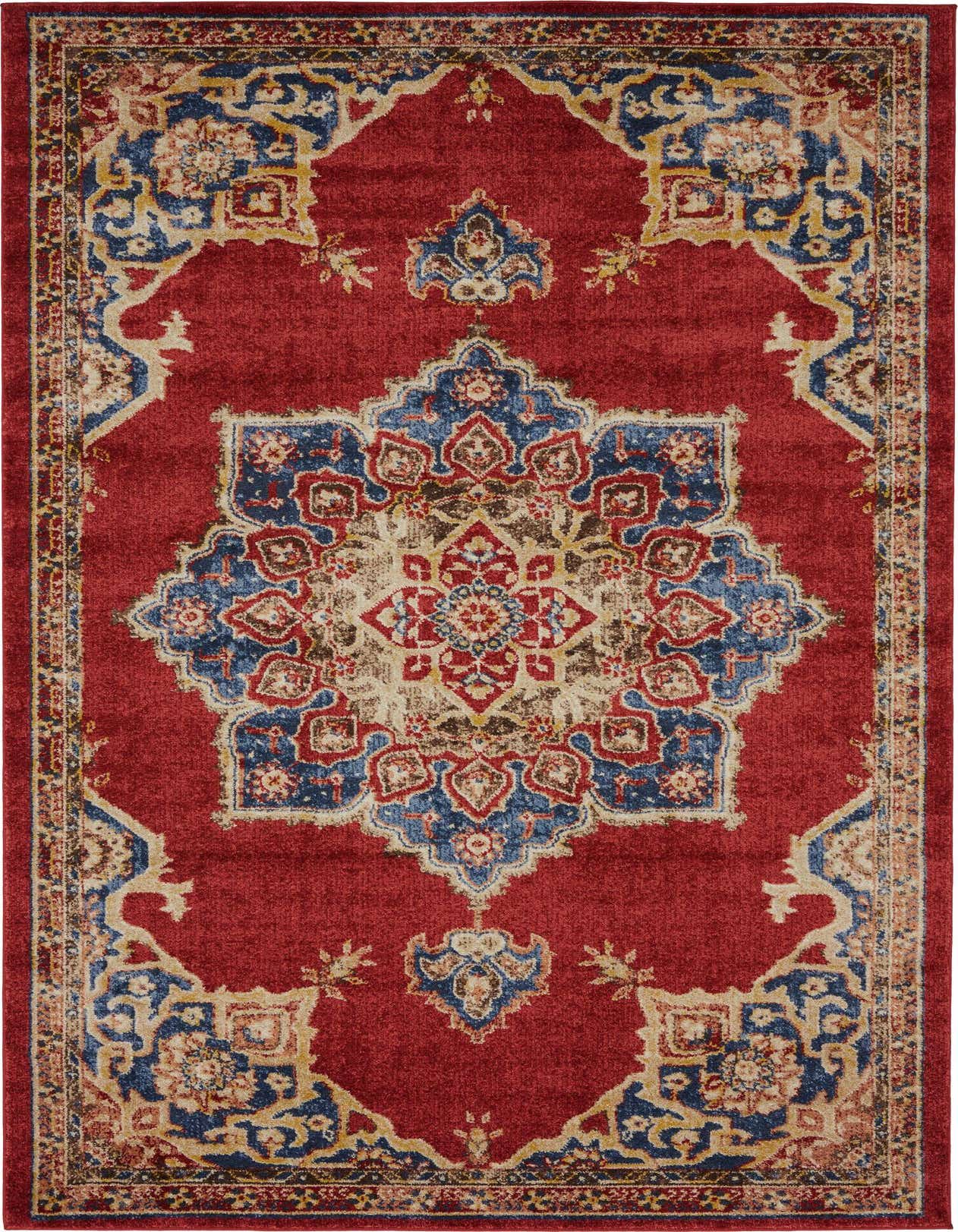 A 5x8 rectangular red area rug with a vintage bohemian medallion pattern in blue, beige, and gold.