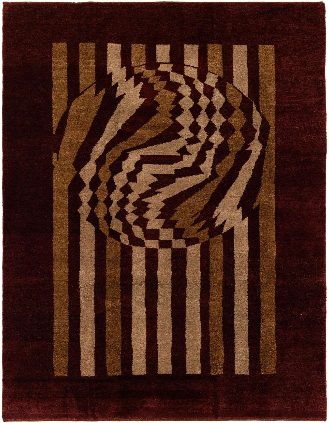 A 7x10 rectangular Gabbeh rug featuring a modern design with a deep red border and vertical stripes in brown and beige, centered by an optical illusion circle.
