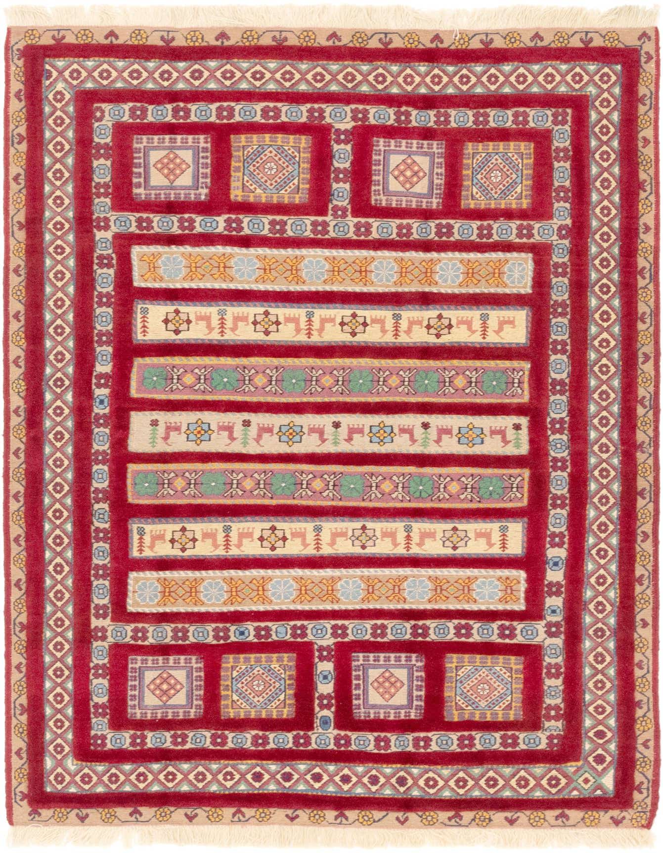 A 4x6 rectangular red Persian rug with a tribal pattern, featuring colorful stripes and geometric motifs.