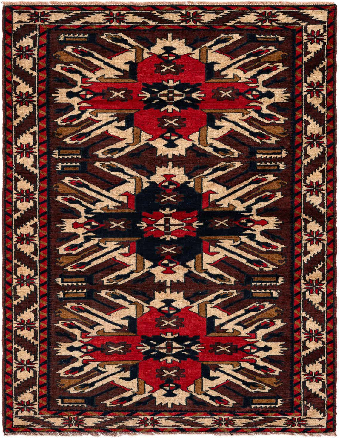 A 4x6 rectangular Heriz wool rug featuring a traditional Oriental pattern in shades of red, brown, black, and cream.