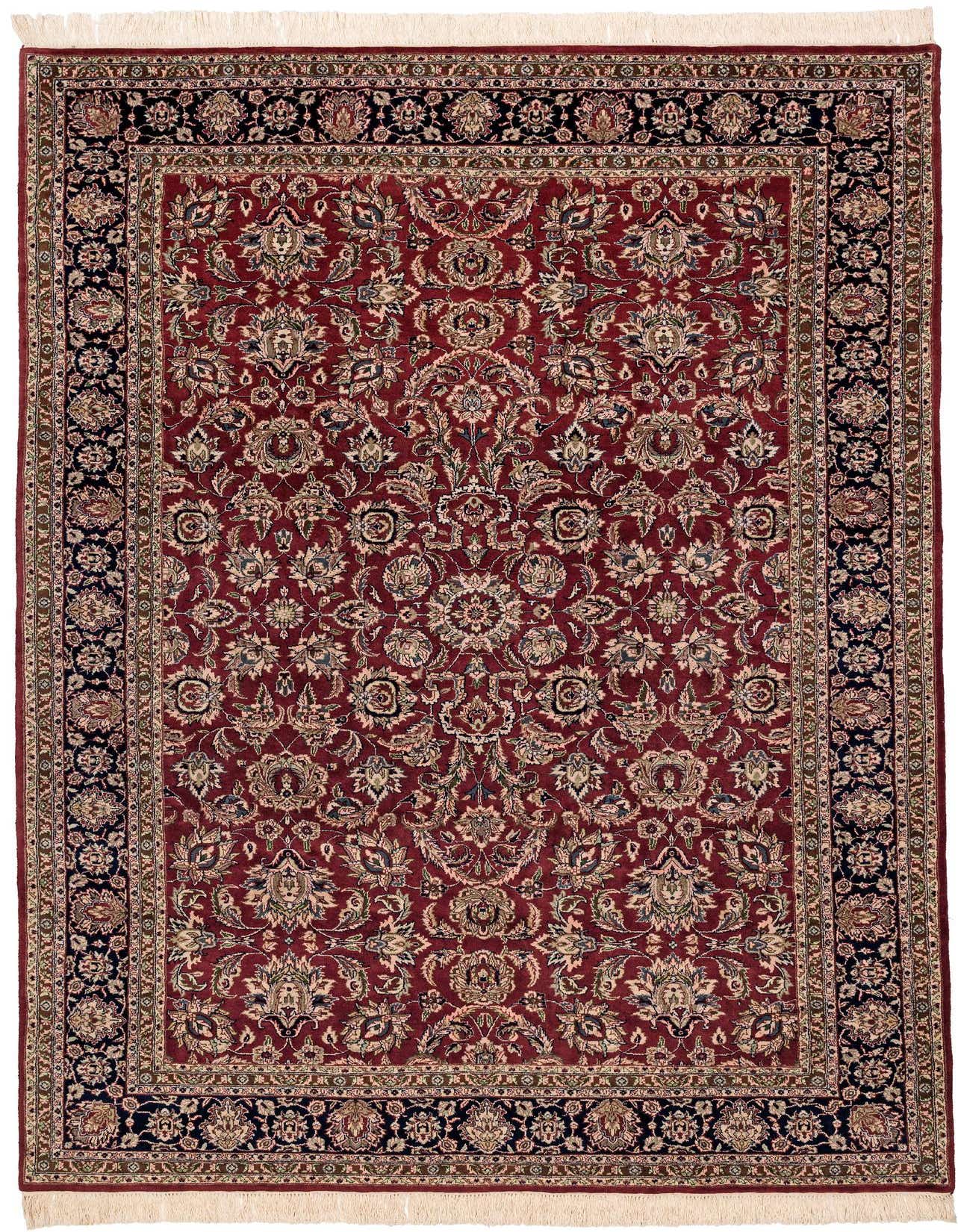 A 6x9 rectangular red traditional Oriental rug with intricate floral patterns and dark navy borders, featuring a medium pile.