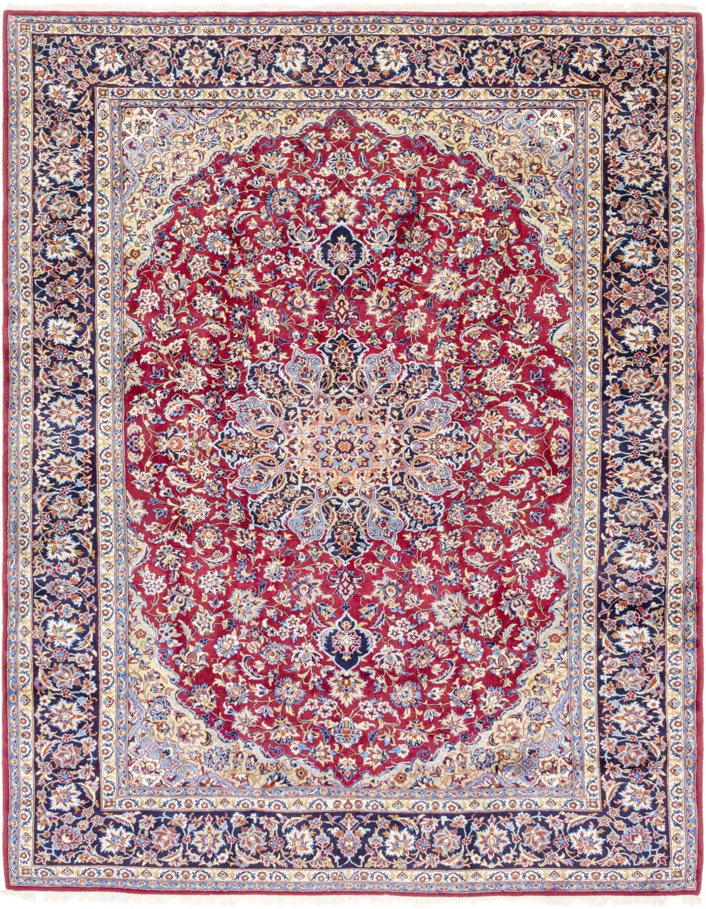 A 10x13 rectangular red Persian rug with an intricate floral medallion pattern and a dark blue border.
