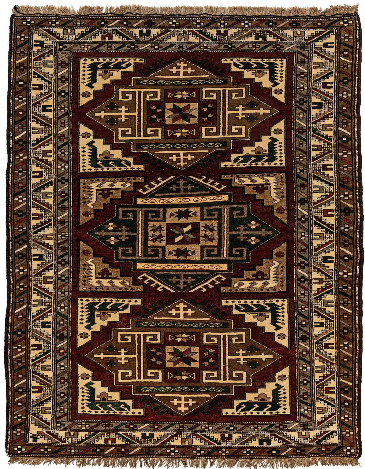 A 5x8 rectangular Kars wool rug featuring a traditional tribal medallion pattern in deep reds, creams, and browns.