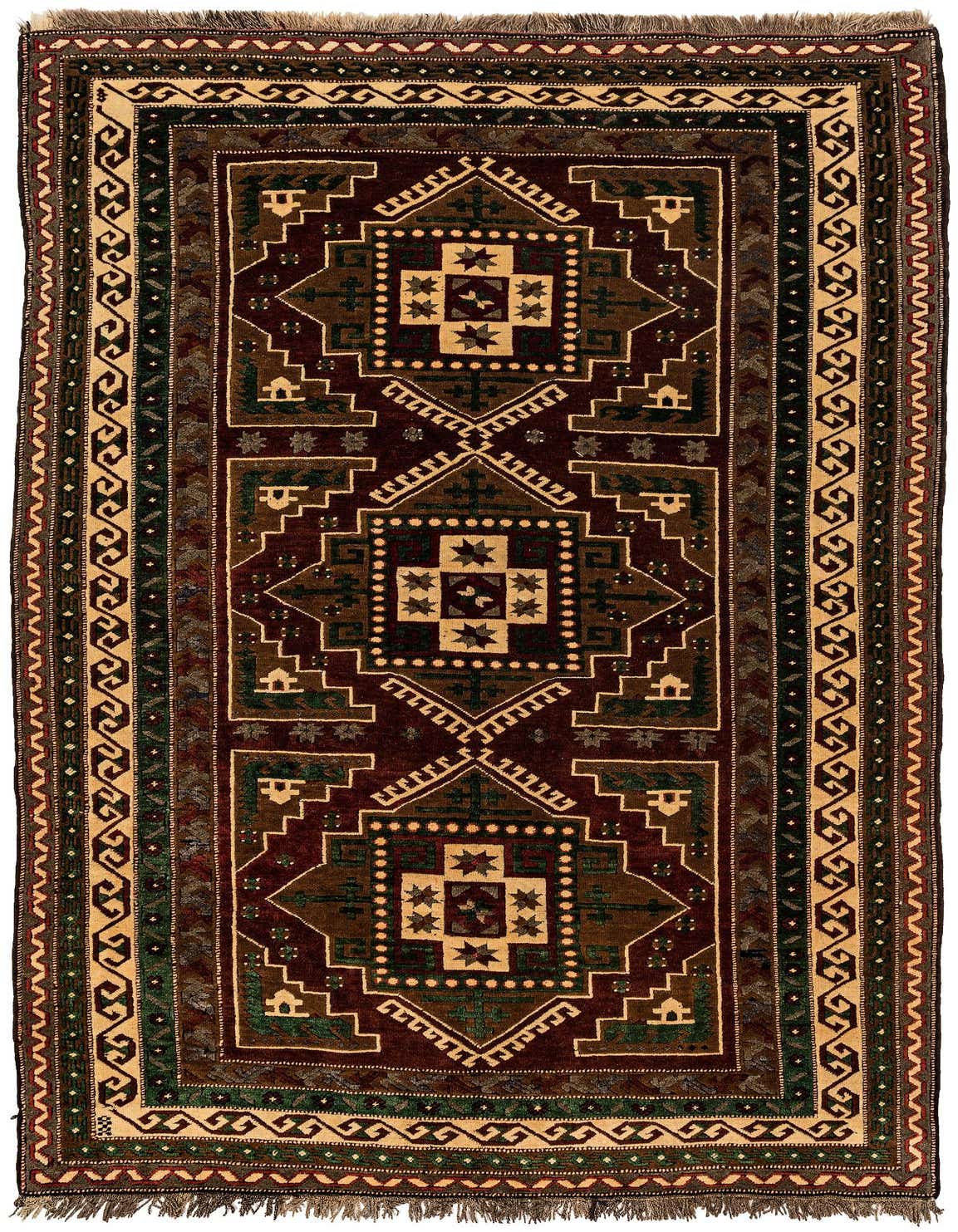 A 5x8 rectangular Kars tribal rug with a deep red field, green and tan geometric patterns, and fringed ends.