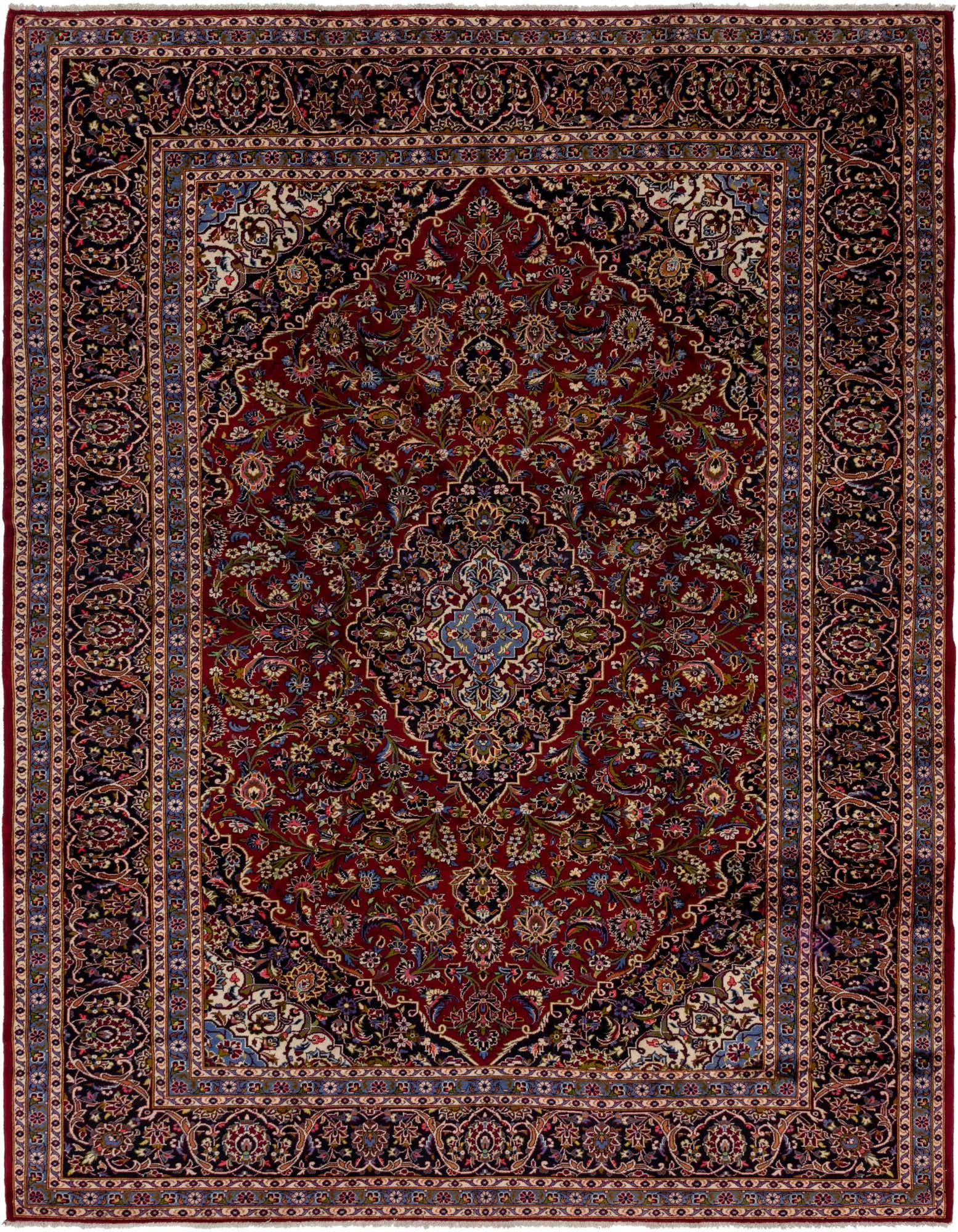 A 10x13 rectangular red Persian wool rug with an intricate medallion pattern and dark floral border.
