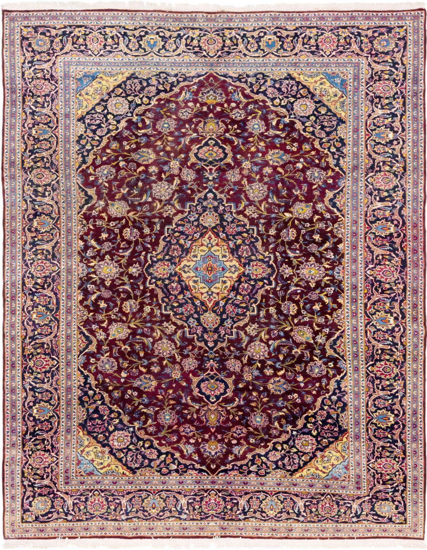 A 9x12 rectangular Kashan rug featuring a traditional red and blue Persian medallion pattern with intricate floral details.