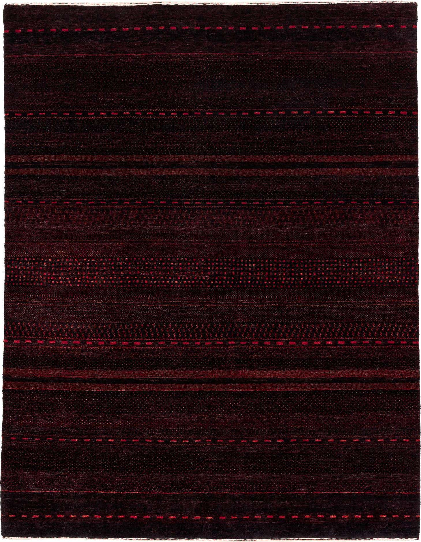 A 5x7 rectangular Kashkuli Gabbeh rug featuring horizontal stripes in varying shades of red and black, with intricate textured patterns.