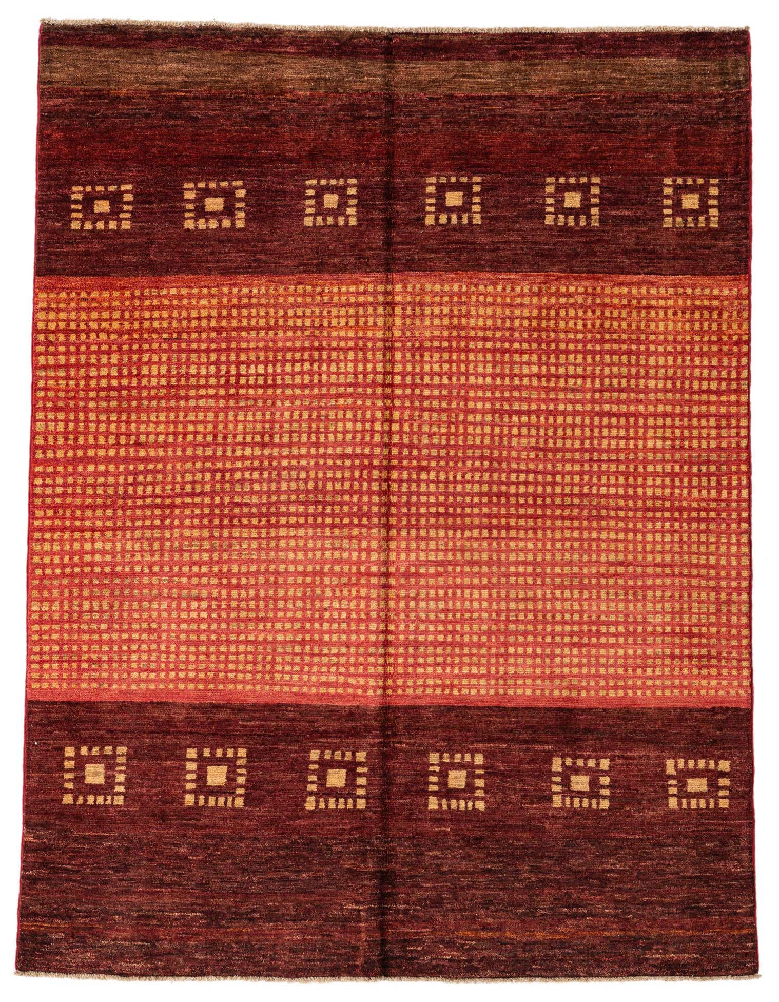 A 4x6 rectangular red wool rug with a modern abstract pattern. It features a central field of small golden squares on a red background, bordered by solid dark red bands with larger golden square motifs.