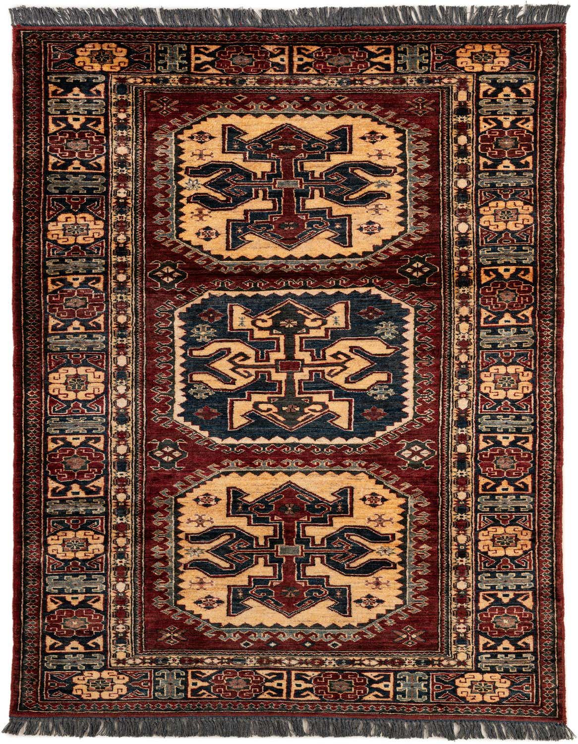 A 4x6 rectangular Kazak rug with a deep red field, featuring three large central medallions in beige and navy blue, surrounded by intricate oriental patterns and a detailed border.