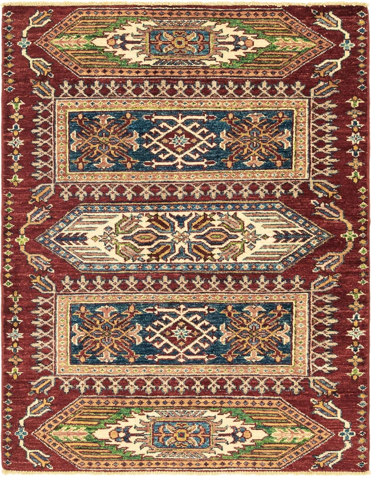 A 3x4 rectangular red traditional Kazak rug with intricate tribal patterns in blue, cream, and gold.