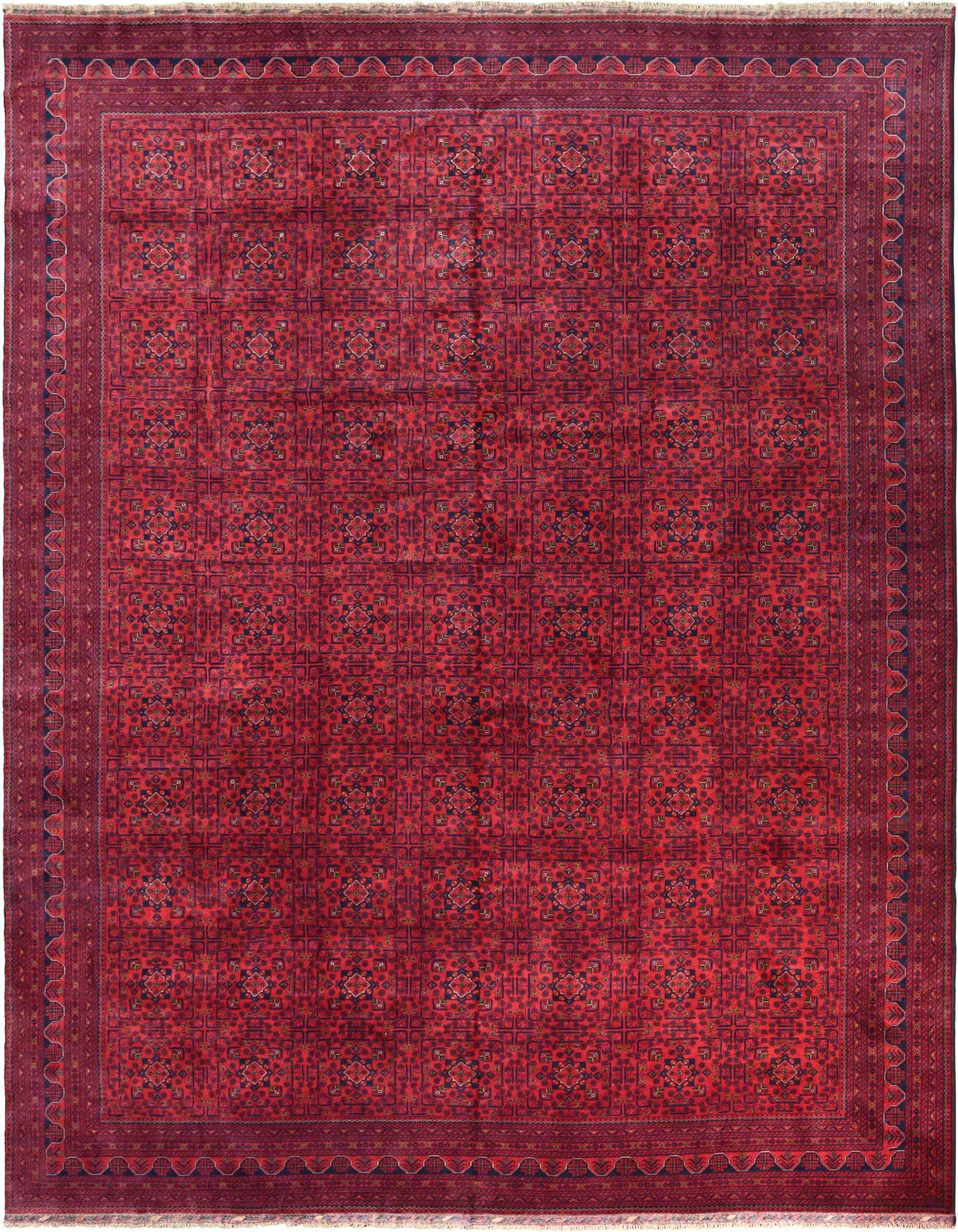 A large 13x18 rectangular Khal Mohammadi rug featuring a traditional Oriental pattern in various shades of red and deep blue.