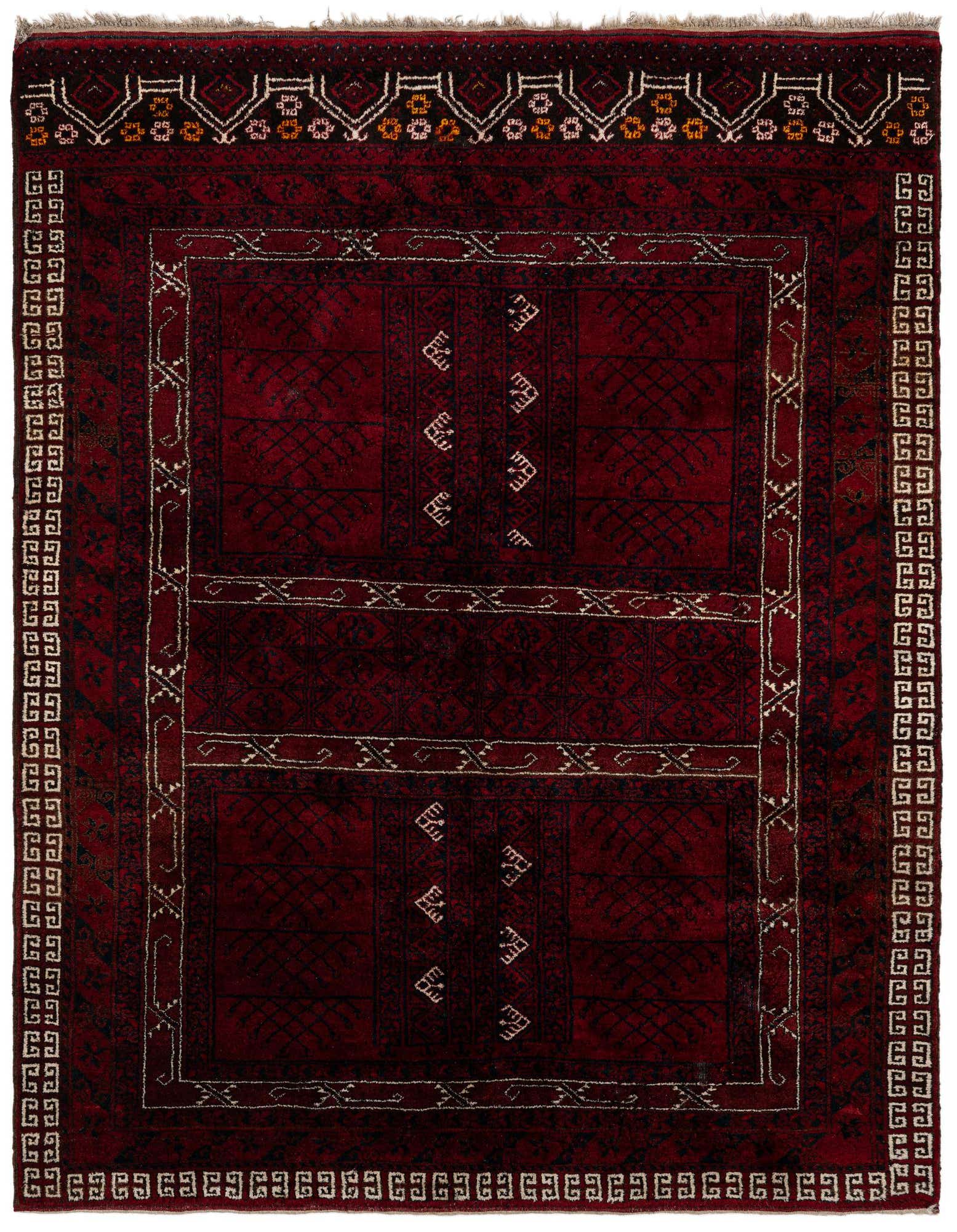 A 5x7 rectangular Khal Mohammadi rug featuring deep reds with intricate traditional Oriental patterns and a decorative border.