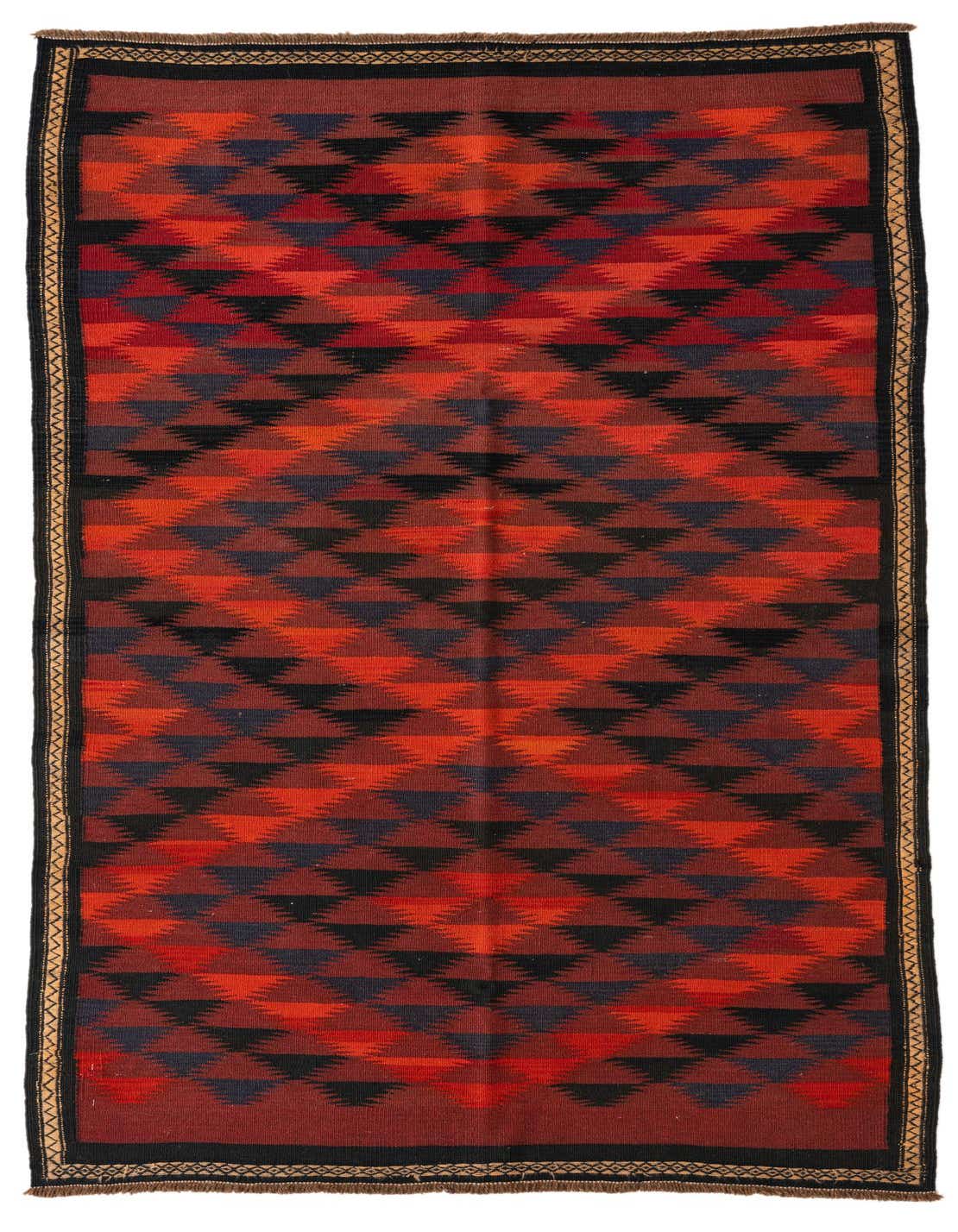 A 5x8 rectangular Kilim Afghan rug with a tribal pattern in various shades of red, black, and dark blue.