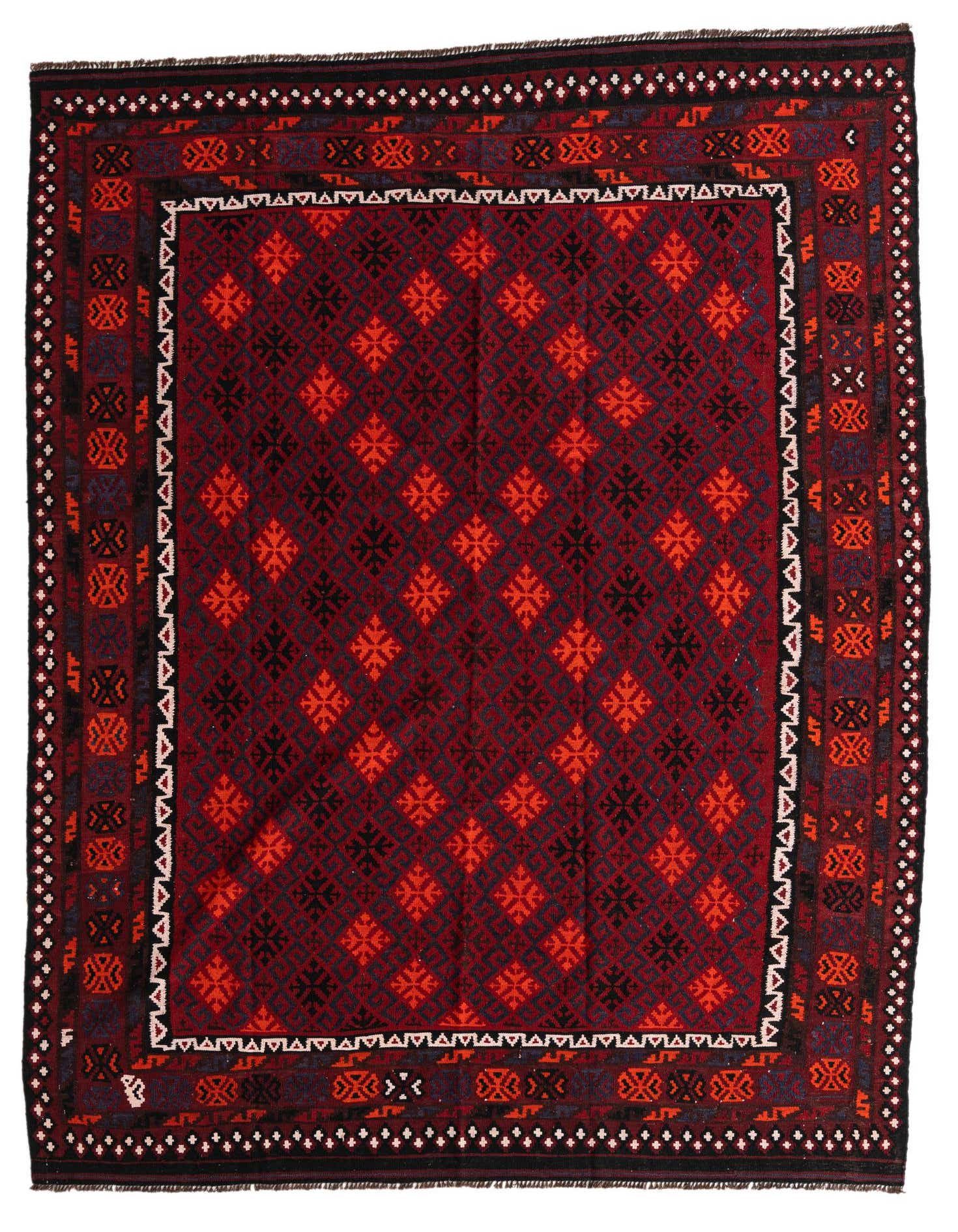 A 7x10 rectangular Kilim Afghan rug with a flatweave, featuring a central field of red and black tribal patterns, bordered by intricate geometric designs in white, black, and red.