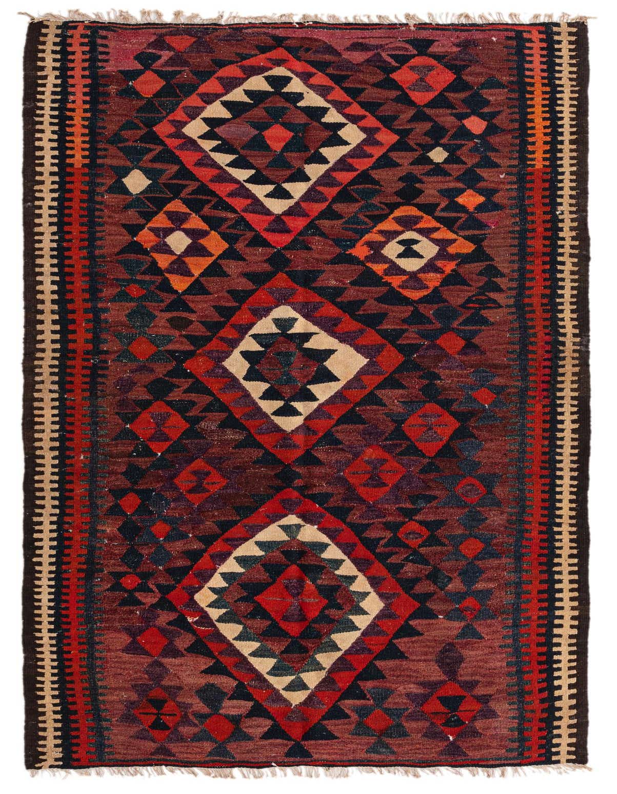 A 5x8 rectangular Kilim Fars rug with a flatweave, featuring a tribal medallion pattern in various shades of red, black, and beige.