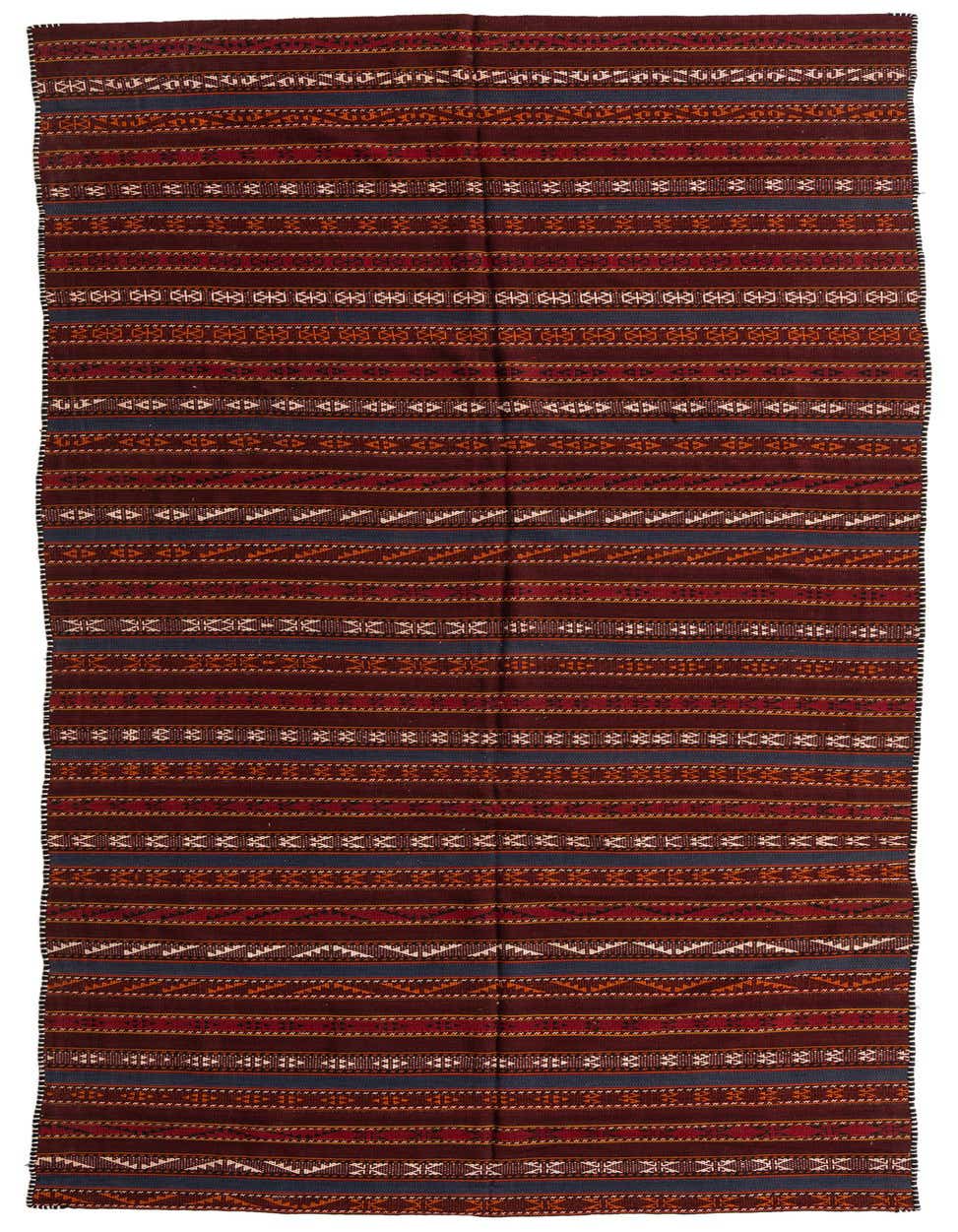 A 6x9 rectangular Kilim Fars rug in shades of red, rust, and blue with intricate tribal patterns, ideal for a living room.