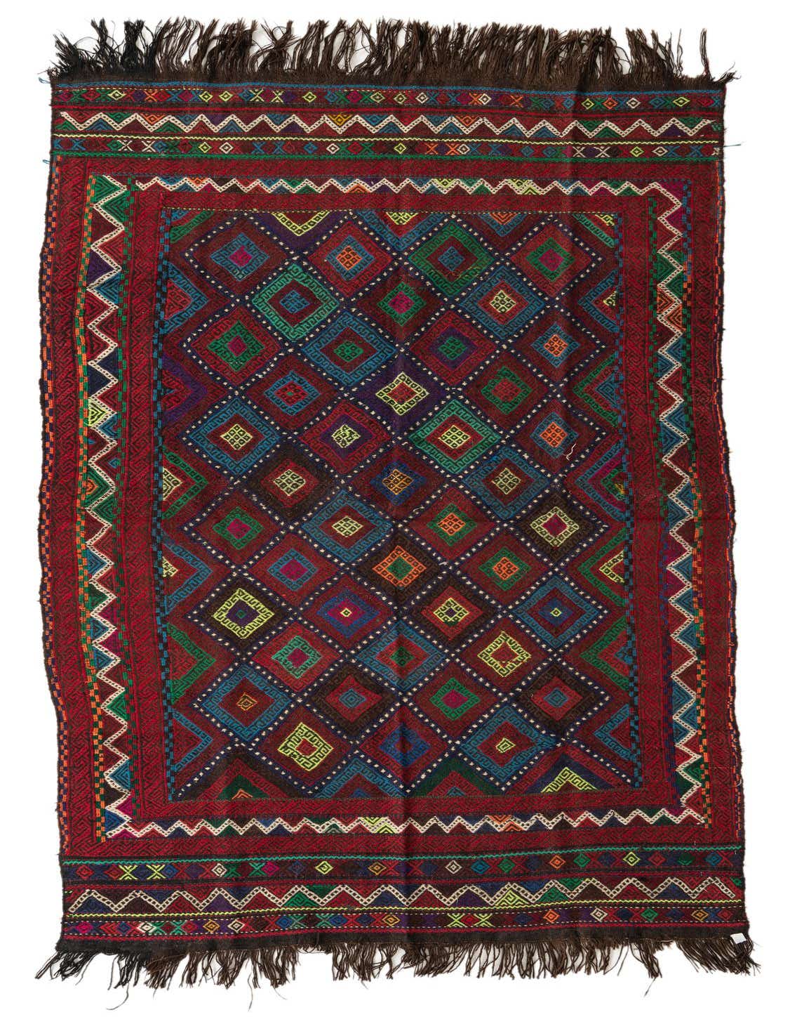 A 5x8 rectangular Kilim Fars rug with a rich red border and a tribal pattern of colorful diamonds on a dark background.
