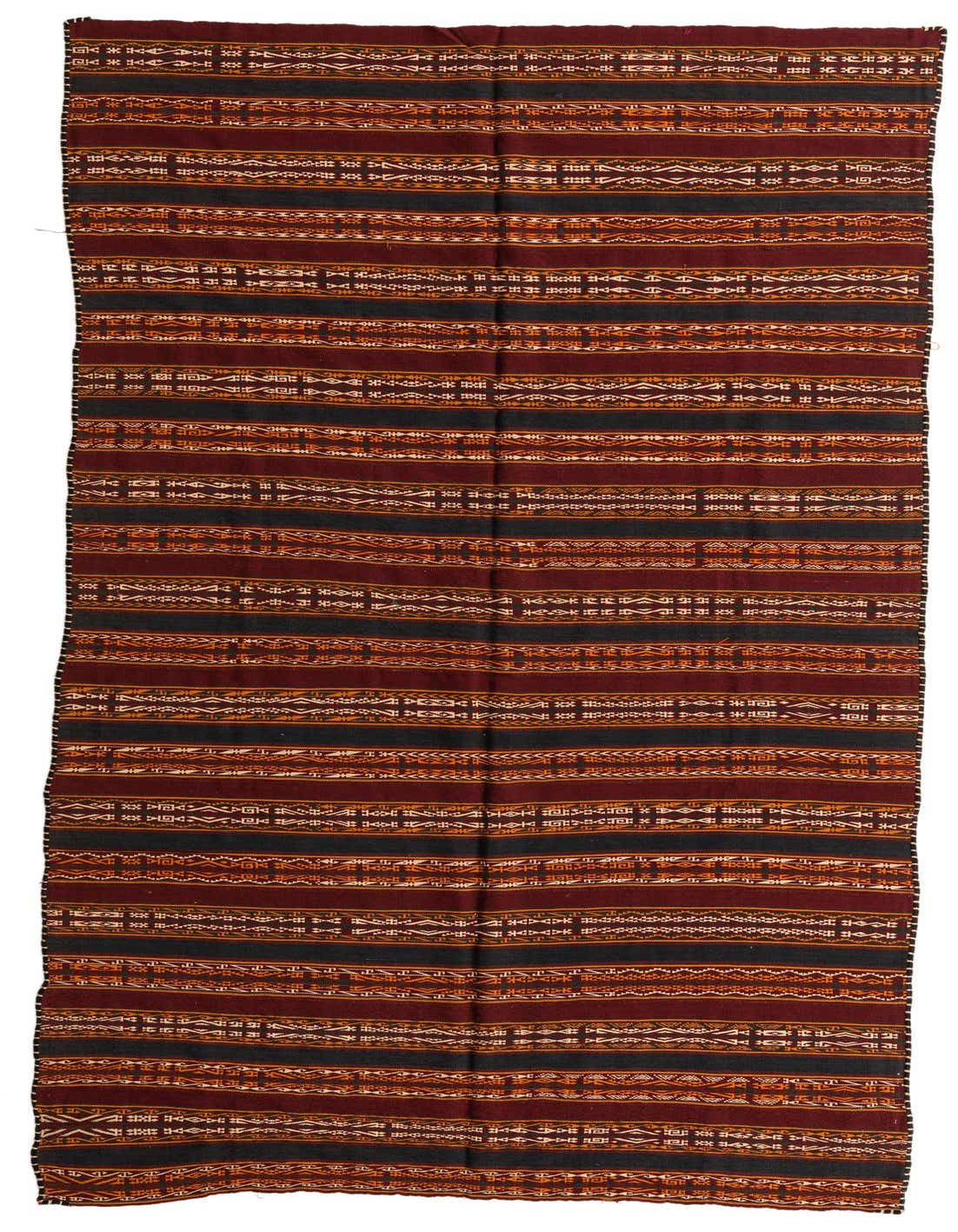 A 7x10 rectangular Kilim Fars rug with horizontal stripes in various shades of red, orange, and dark grey, featuring intricate tribal and geometric patterns.