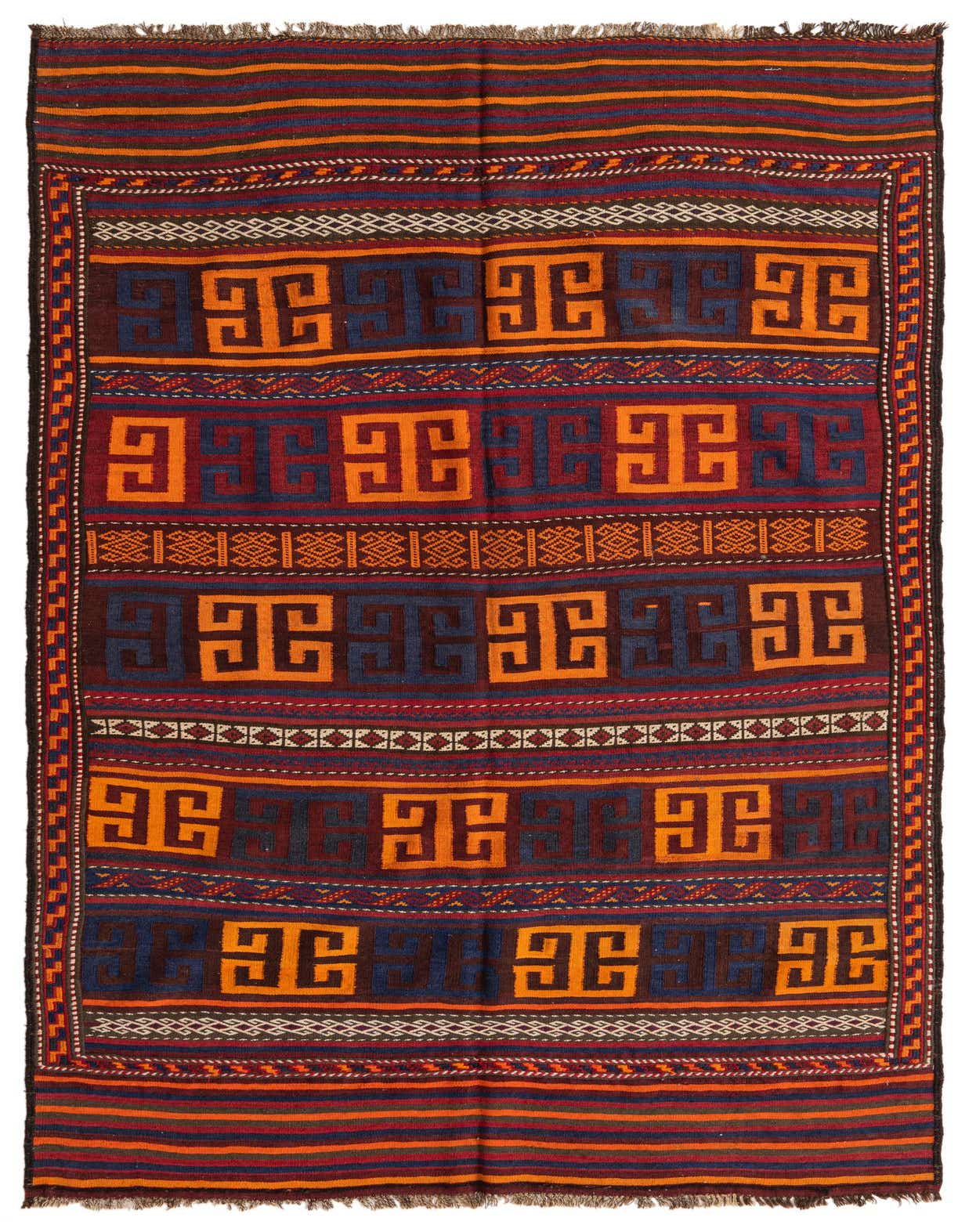 A 5x8 rectangular Kilim Fars rug with tribal patterns in shades of red, orange, and navy blue.