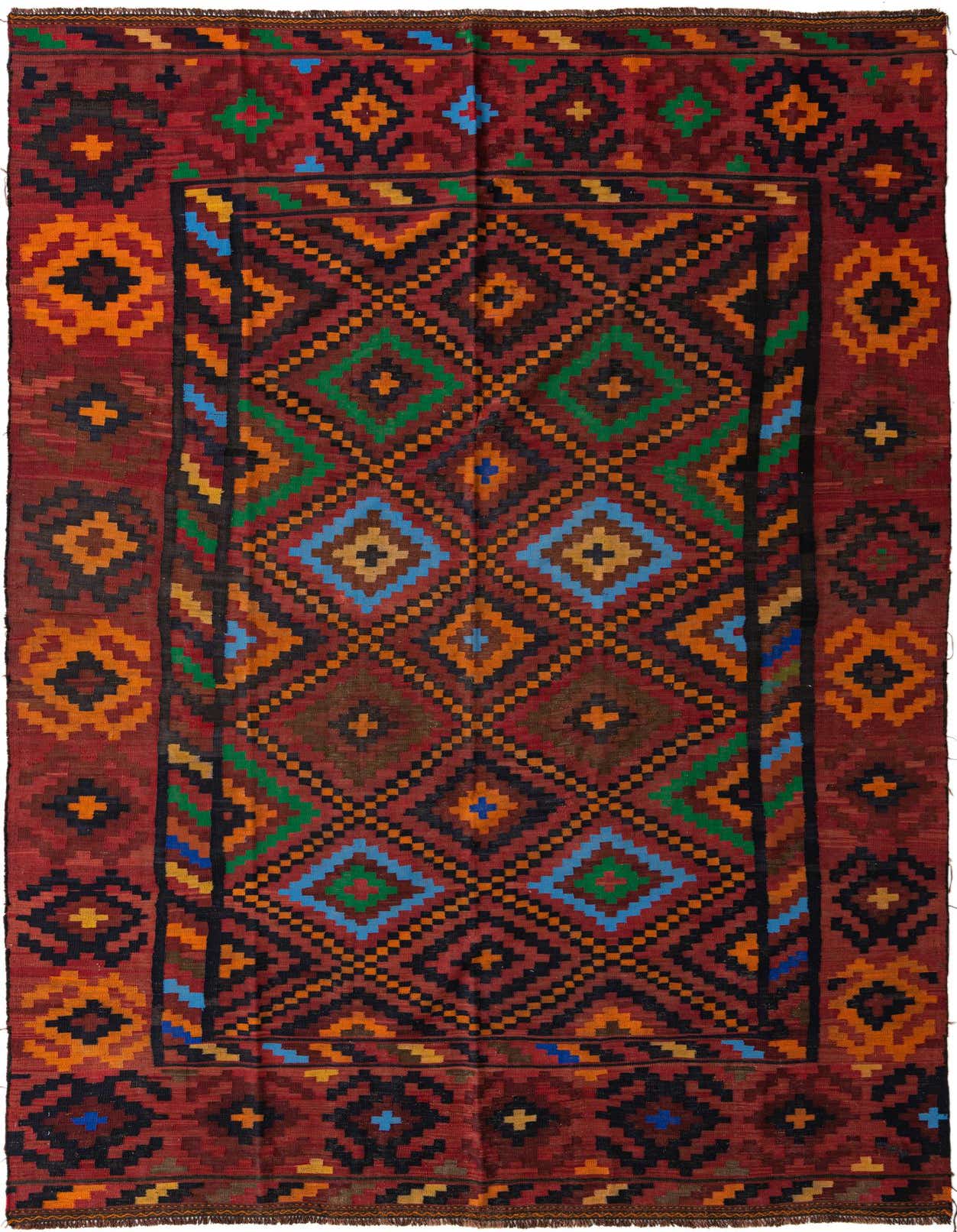 A 9x12 rectangular Kilim Fars rug with a flatweave, featuring a central tribal geometric pattern in multi-color diamonds on a rich red background, framed by a patterned border.