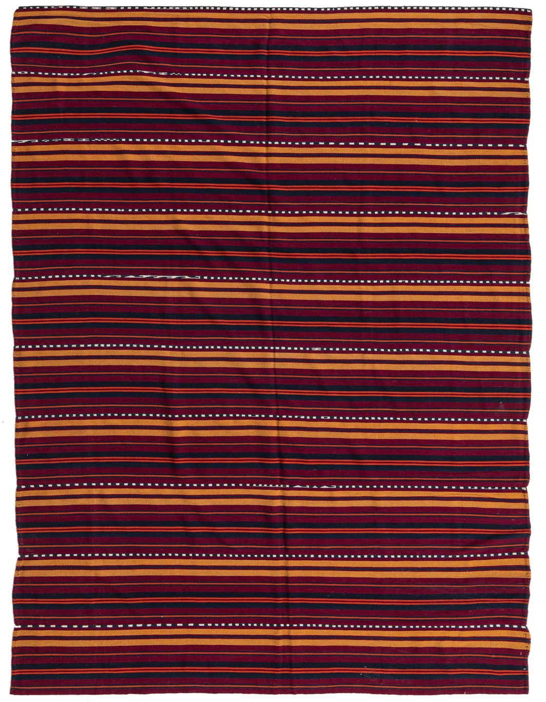 A 7x10 rectangular flatweave rug with alternating stripes of red, orange, and dark blue, featuring white dotted lines.