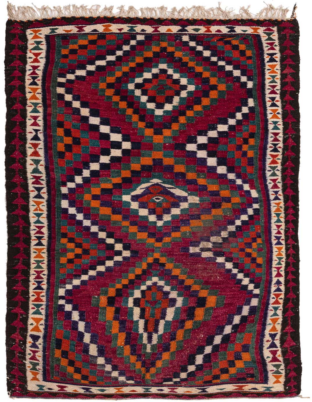 A rectangular 5x8 Kilim Fars rug with a vibrant red background, featuring a tribal medallion pattern in colorful geometric squares of orange, green, navy, and cream.