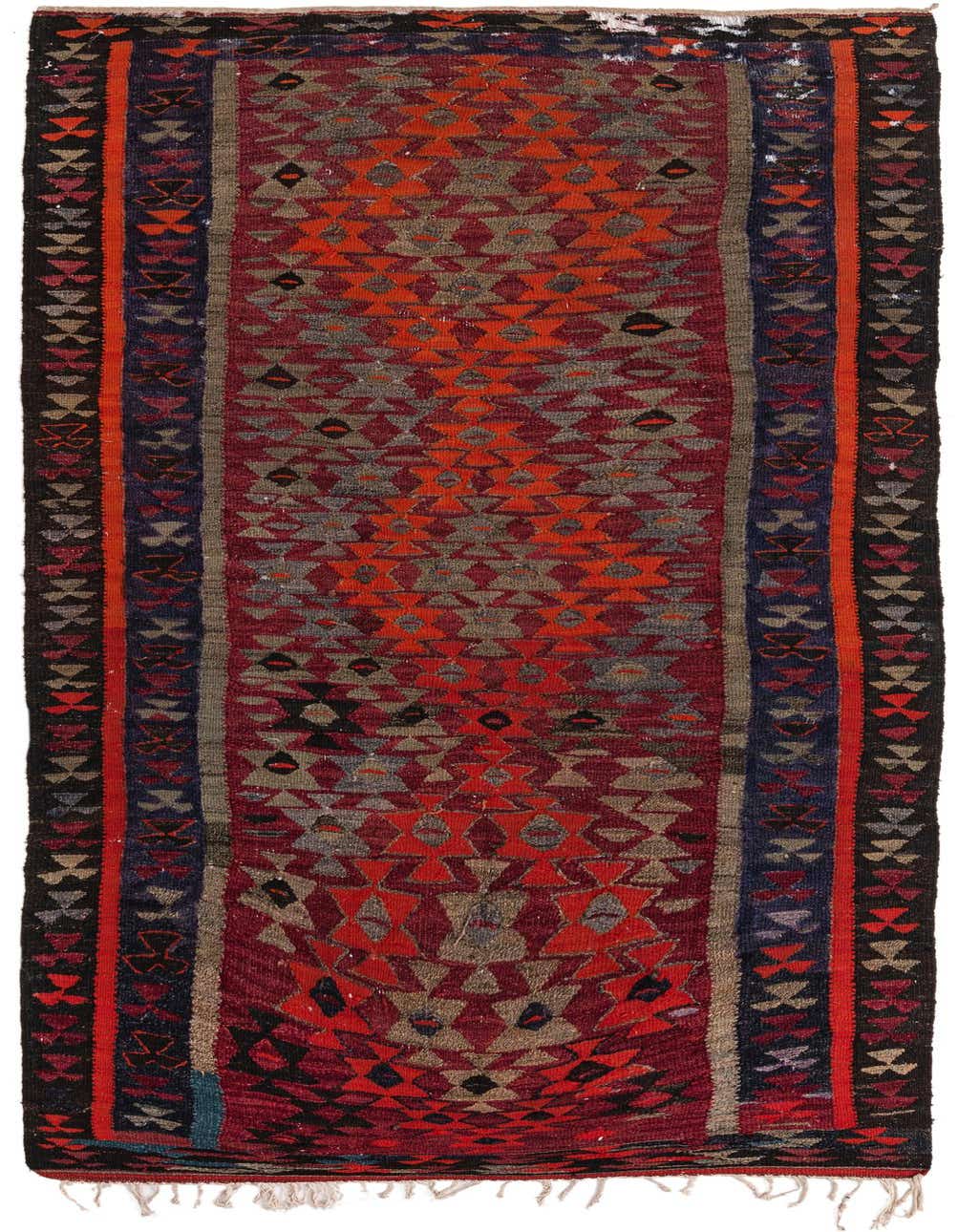 A 5x8 rectangular Kilim Fars rug with a vibrant red, orange, and deep purple tribal pattern, featuring geometric shapes and a flatweave texture.