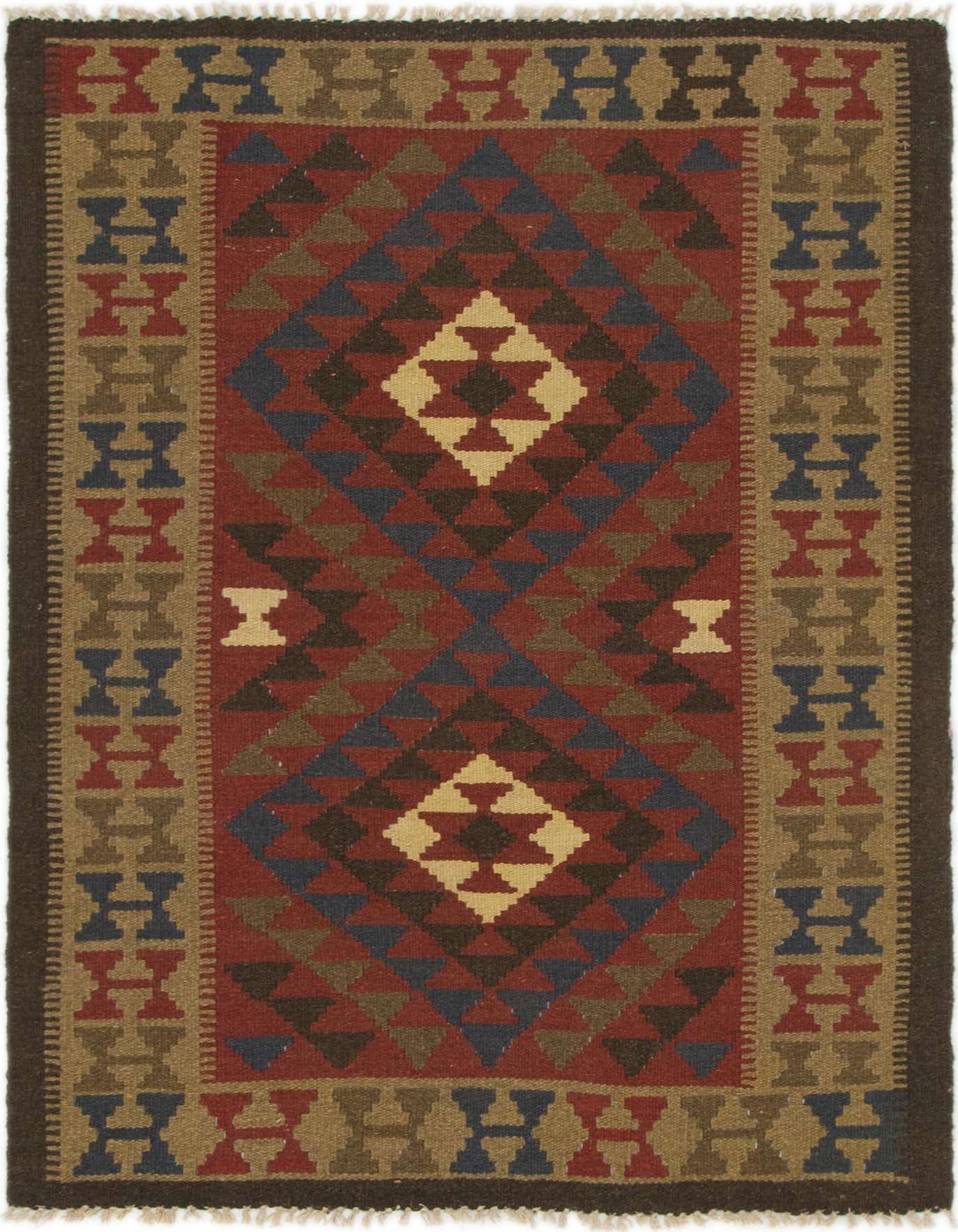 A 3x5 rectangular Kilim Maymana rug featuring a Southwestern geometric pattern in reds, blues, browns, and beige.