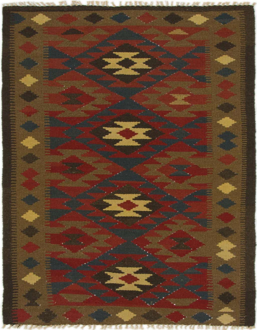 A 4x6 rectangular Kilim Maymana rug featuring a Southwestern geometric pattern in rich reds, blues, browns, and gold.