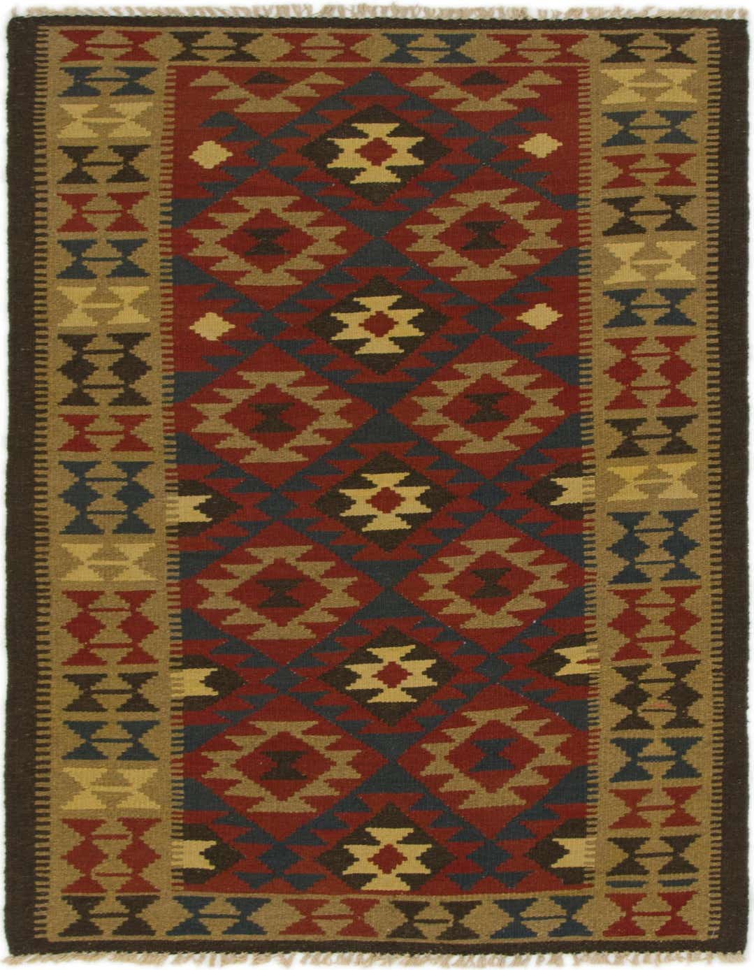 A 4x6 rectangular Kilim Maymana rug with a Southwestern and Tribal pattern in reds, blues, and gold.