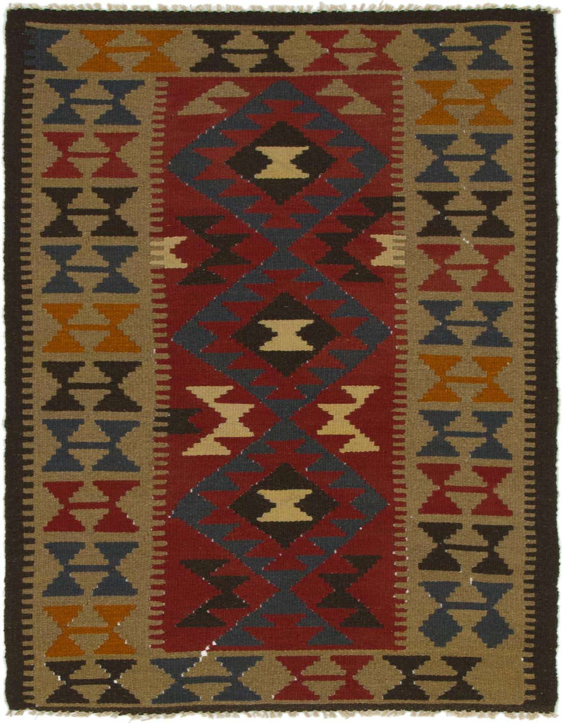 A 4x6 rectangular Kilim Maymana rug with a Southwestern tribal pattern in reds, blues, browns, and tans.