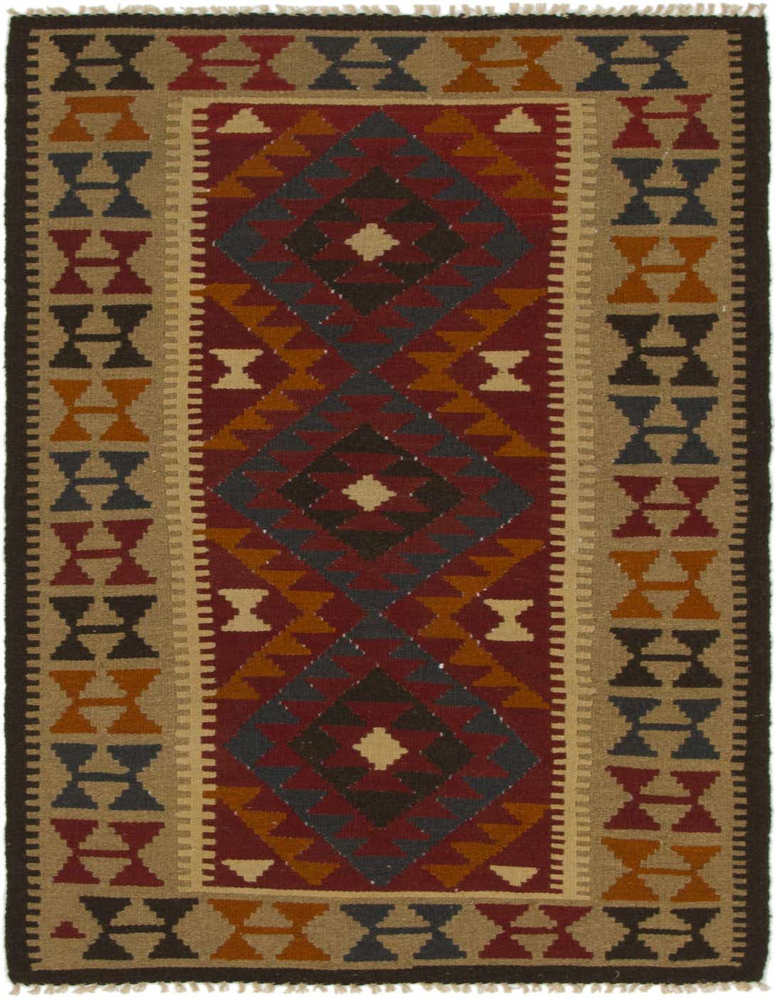 A 4x6 rectangular Kilim Maymana rug featuring a traditional tribal pattern in reds, blues, oranges, and beige, with a flatweave texture.