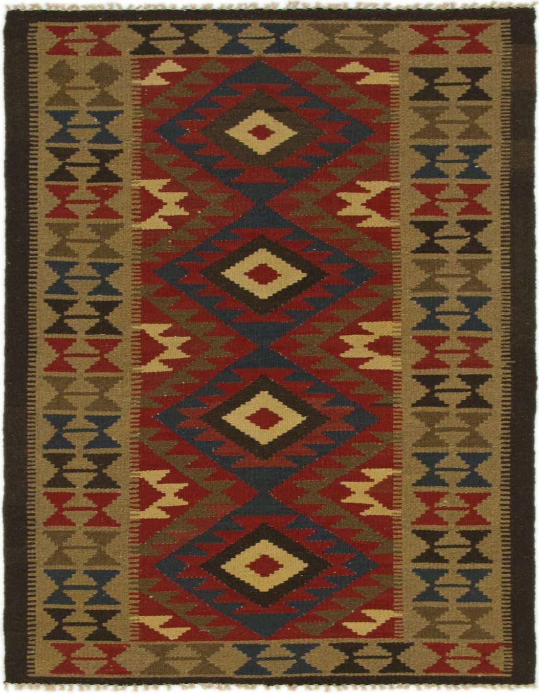 A 4x6 rectangular Kilim Maymana rug featuring a Southwestern geometric pattern in reds, blues, gold, and browns, with a flatweave texture.