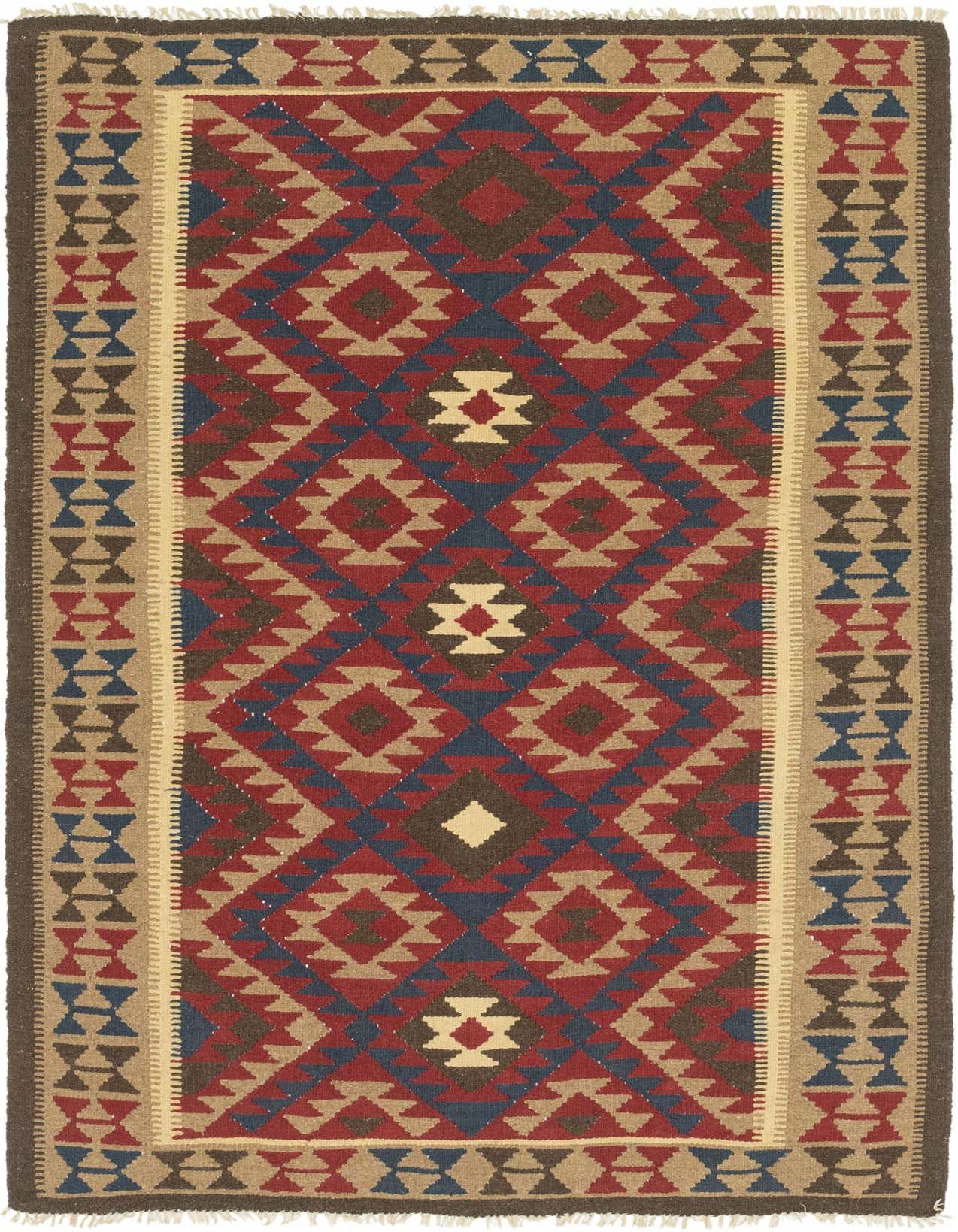 A 5x8 rectangular Kilim Maymana rug featuring a Southwestern geometric pattern in reds, blues, and browns.