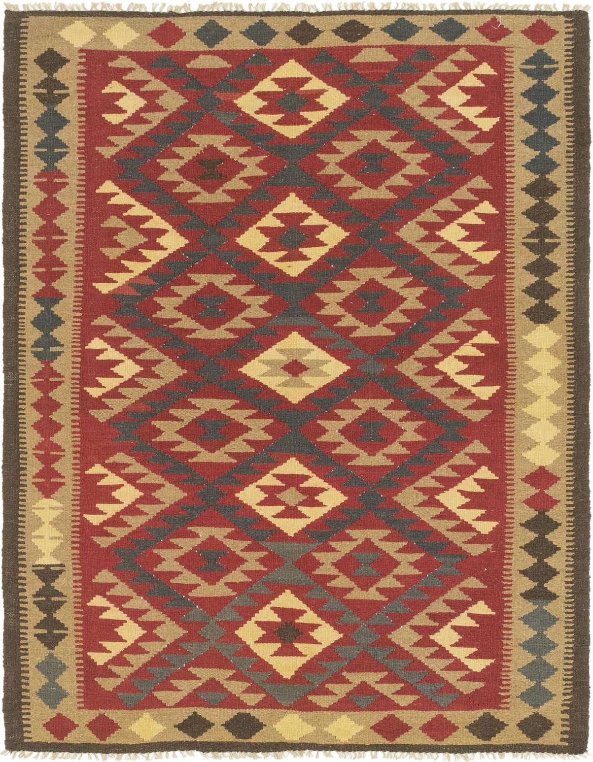 A 5x8 rectangular Kilim Maymana wool rug featuring traditional Southwestern and tribal geometric patterns in shades of red, gold, and dark gray.