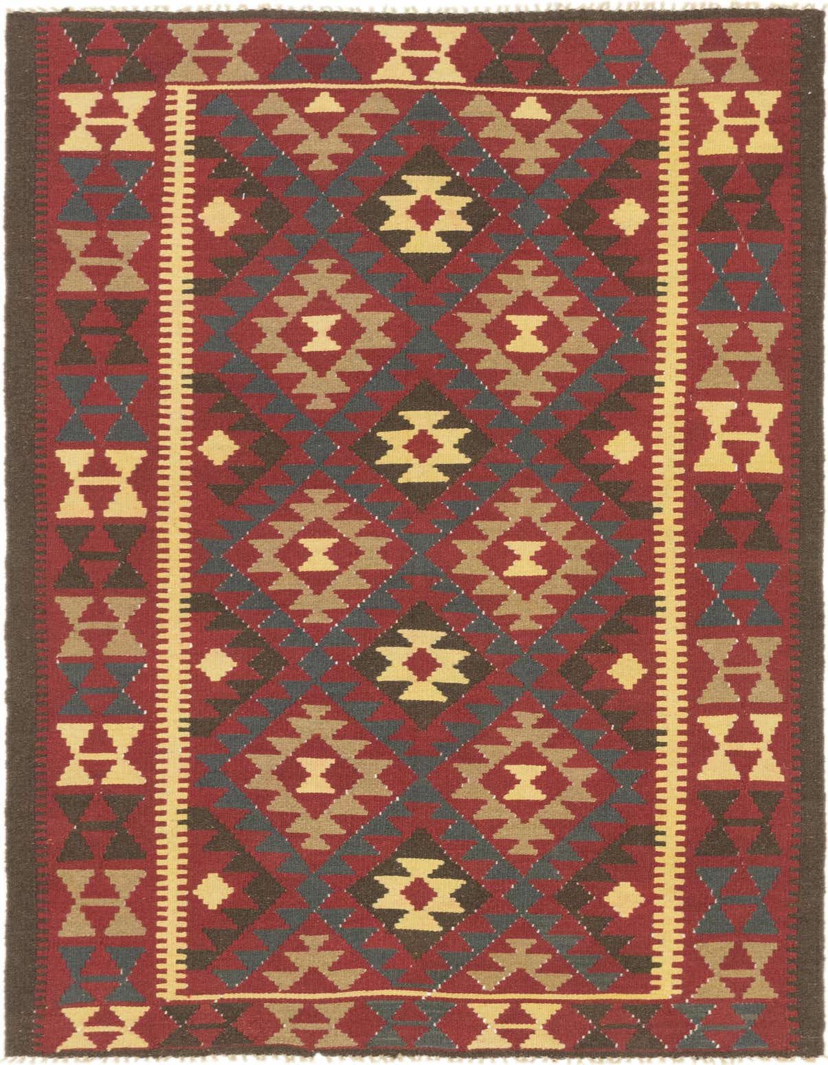 A 5x8 rectangular red Southwestern flatweave rug with tribal geometric patterns in gold, brown, and blue.