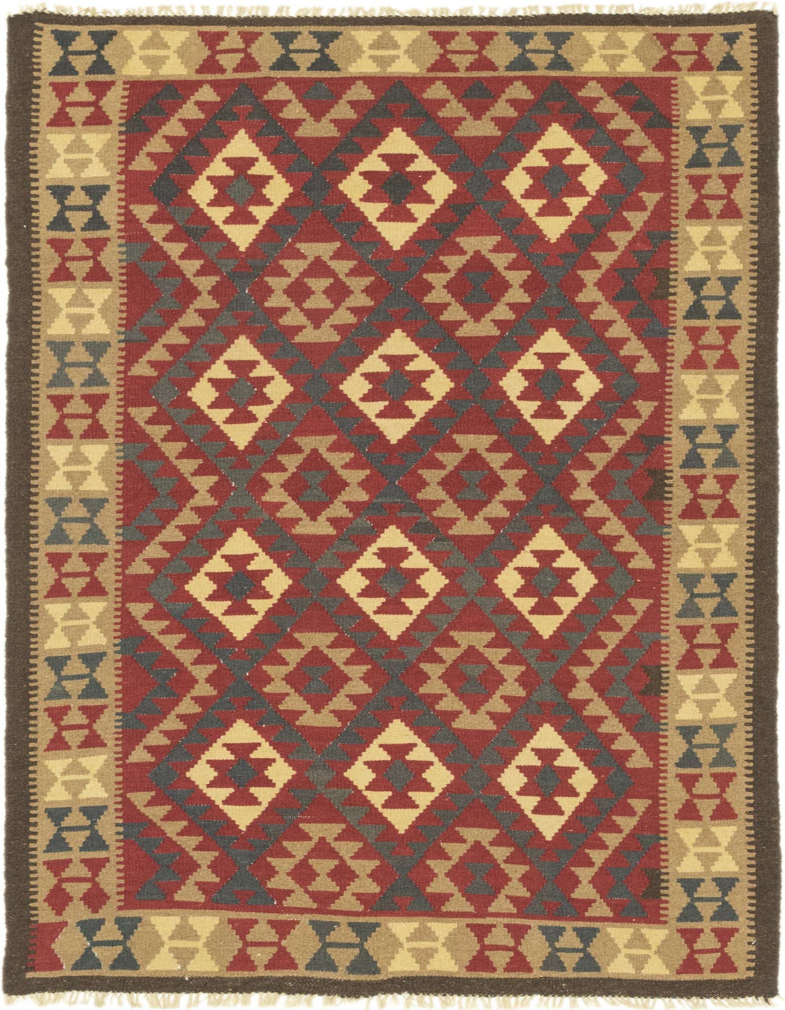 A 5x8 rectangular Kilim Maymana rug featuring a Southwestern tribal pattern in reds, gold, and dark gray, with a flatweave texture.