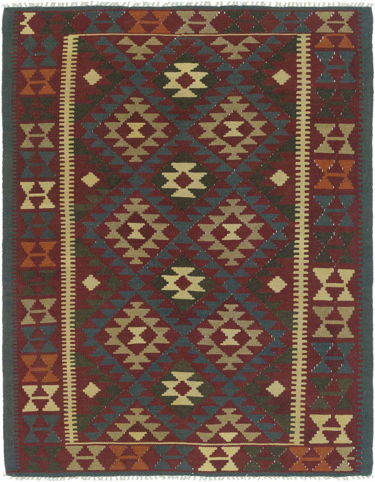 A 5x8 rectangular Kilim Maymana rug featuring a traditional tribal pattern in rich reds, blues, and tans.