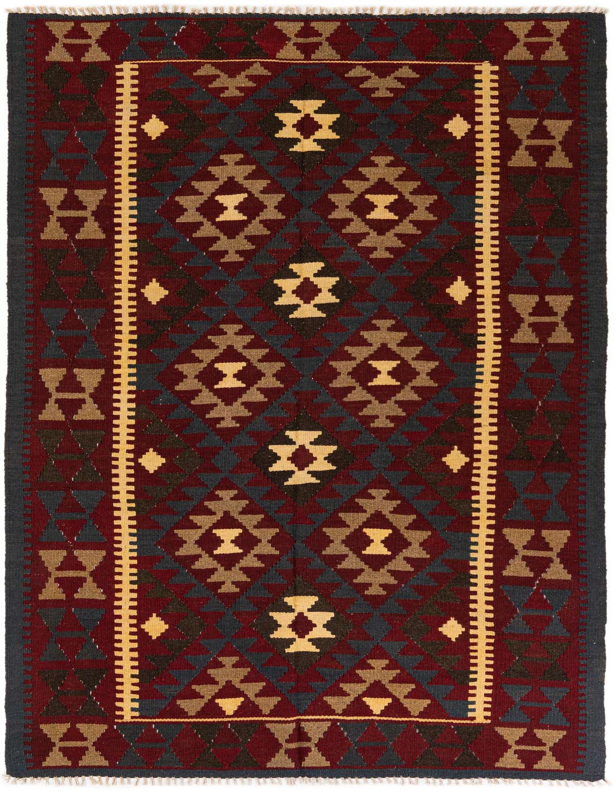 A 5x8 rectangular Kilim Maymana rug featuring a tribal pattern in shades of red, blue, and gold, with a flatweave texture.