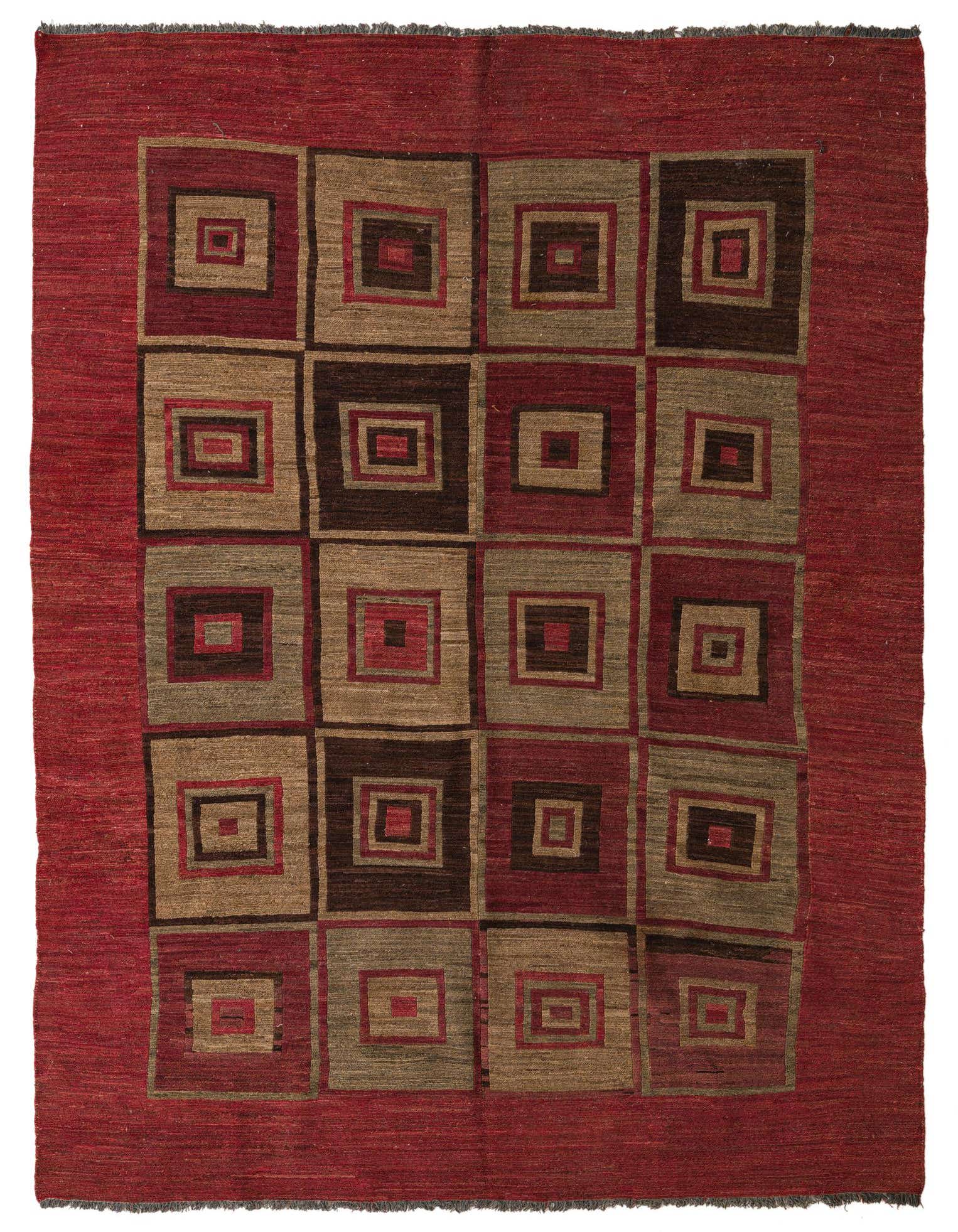 A 6x9 rectangular red wool flatweave rug with a modern tribal pattern of concentric squares in varying shades of red, brown, and beige.