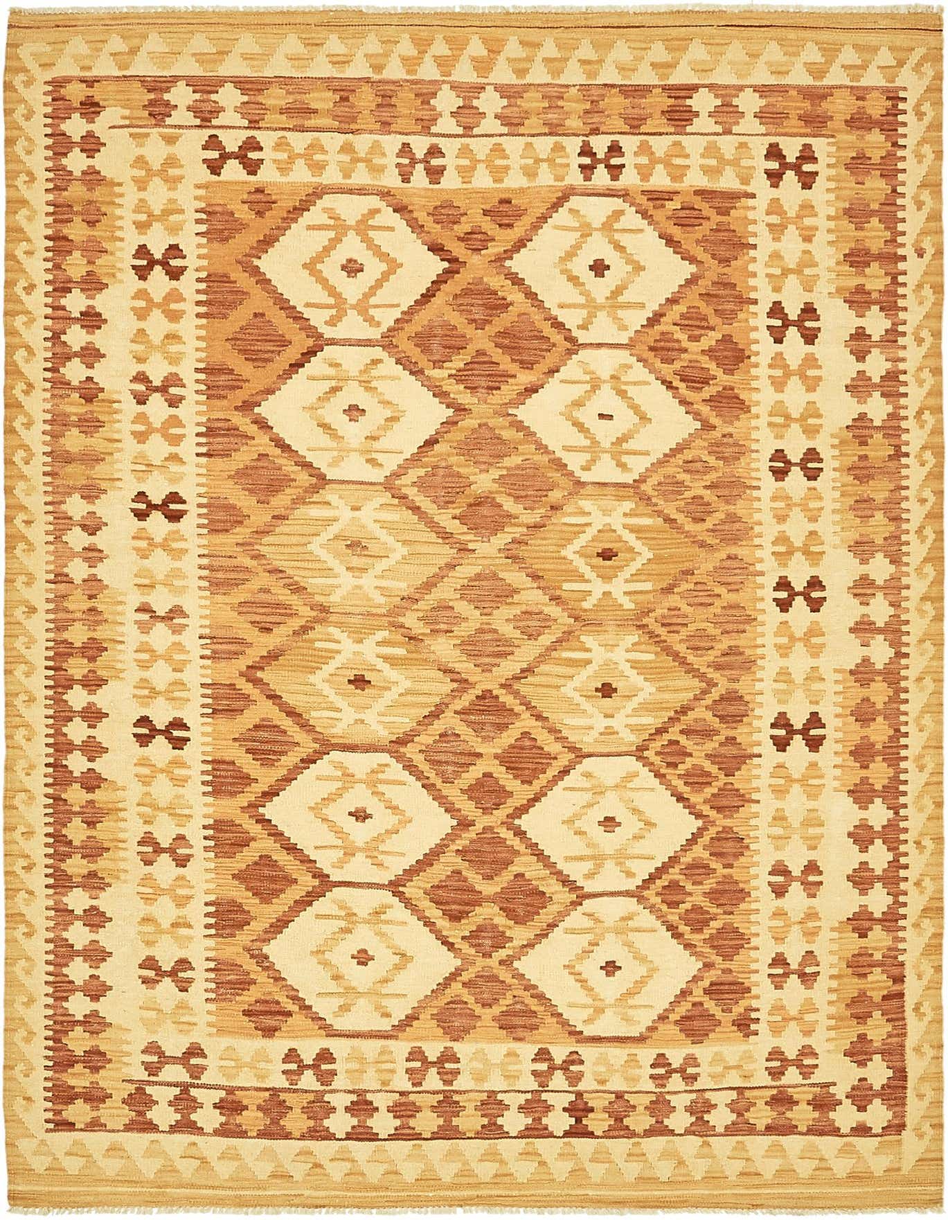 A 5x7 rectangular Kilim Waziri rug featuring a traditional tribal pattern in various shades of red and cream, with a flatweave texture.