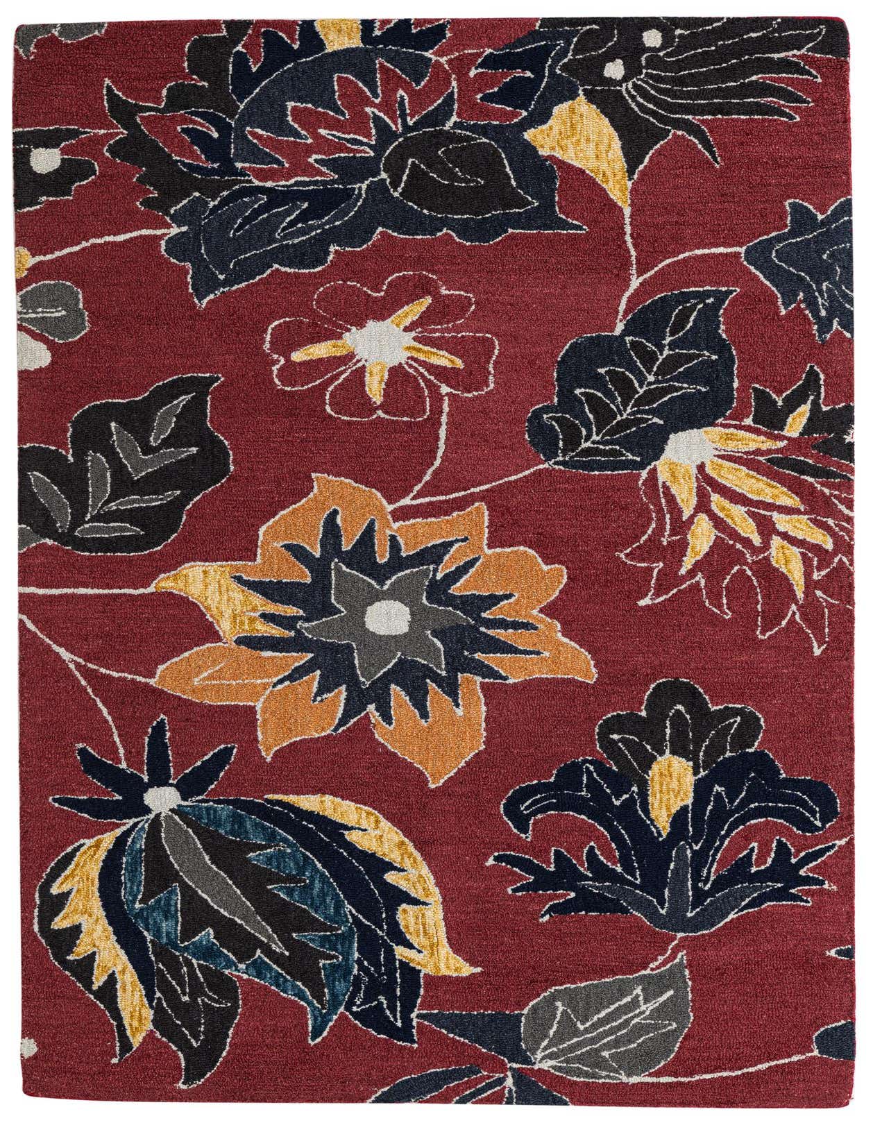 A 5x8 rectangular red rug with a modern floral pattern in navy, gold, orange, and gray, suitable for a living room.