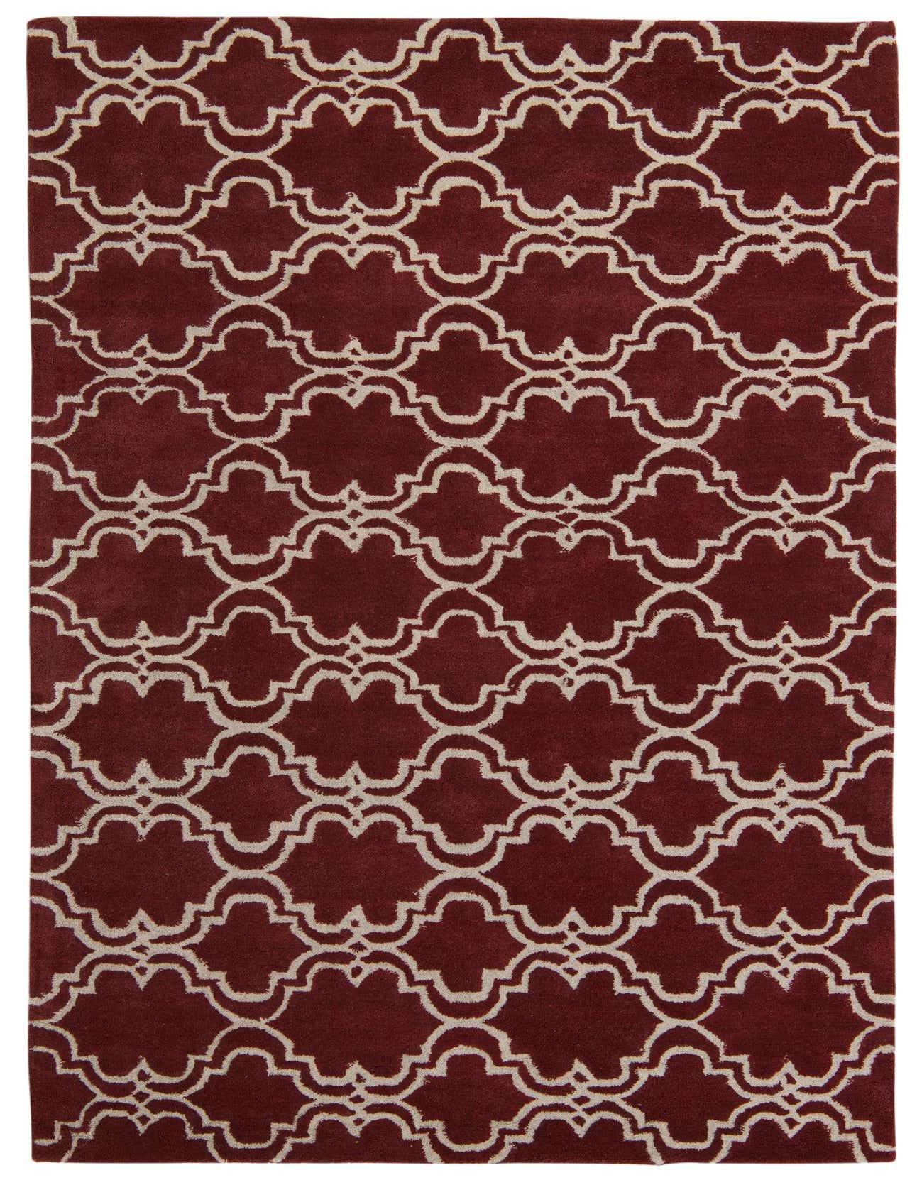 A 5x8 rectangular Luna rug in deep red with a repeating off-white modern trellis pattern, suitable for a living room.