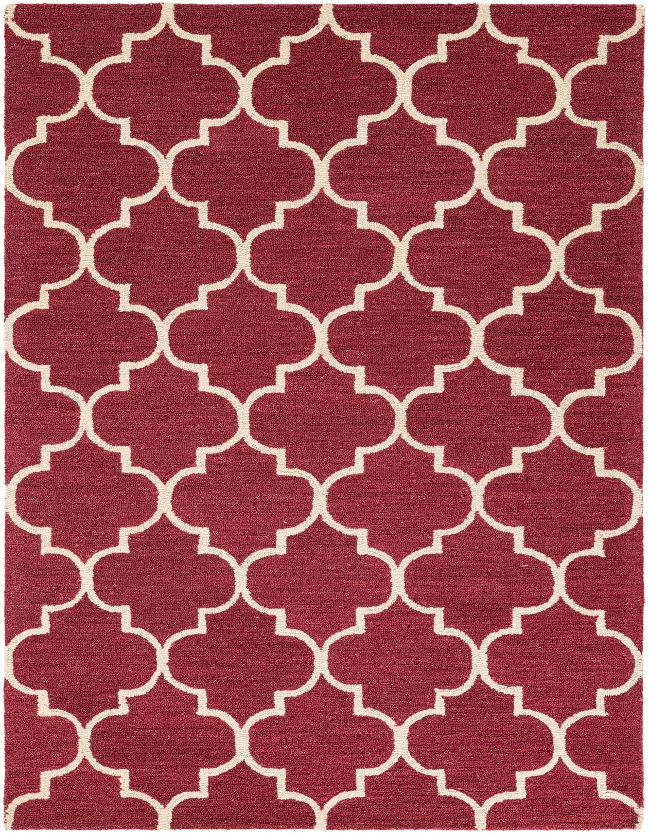 A 5x8 rectangular red wool rug featuring a repeating modern quatrefoil pattern in cream, suitable for a living room.