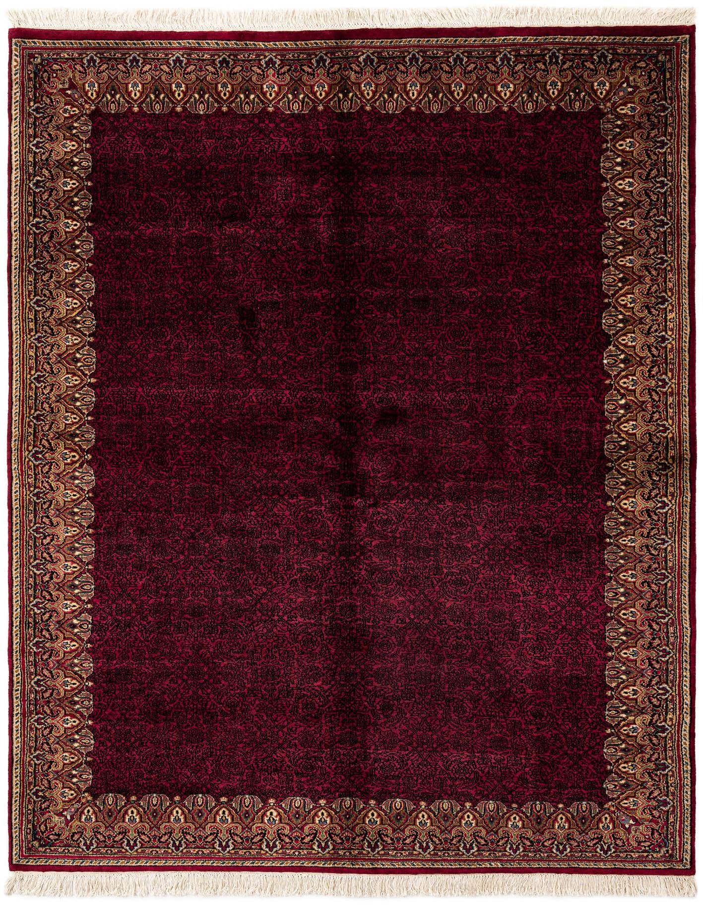 A 5x8 rectangular Mahal Collection rug featuring a deep red field with subtle traditional patterns and an ornate border in gold, black, and red.