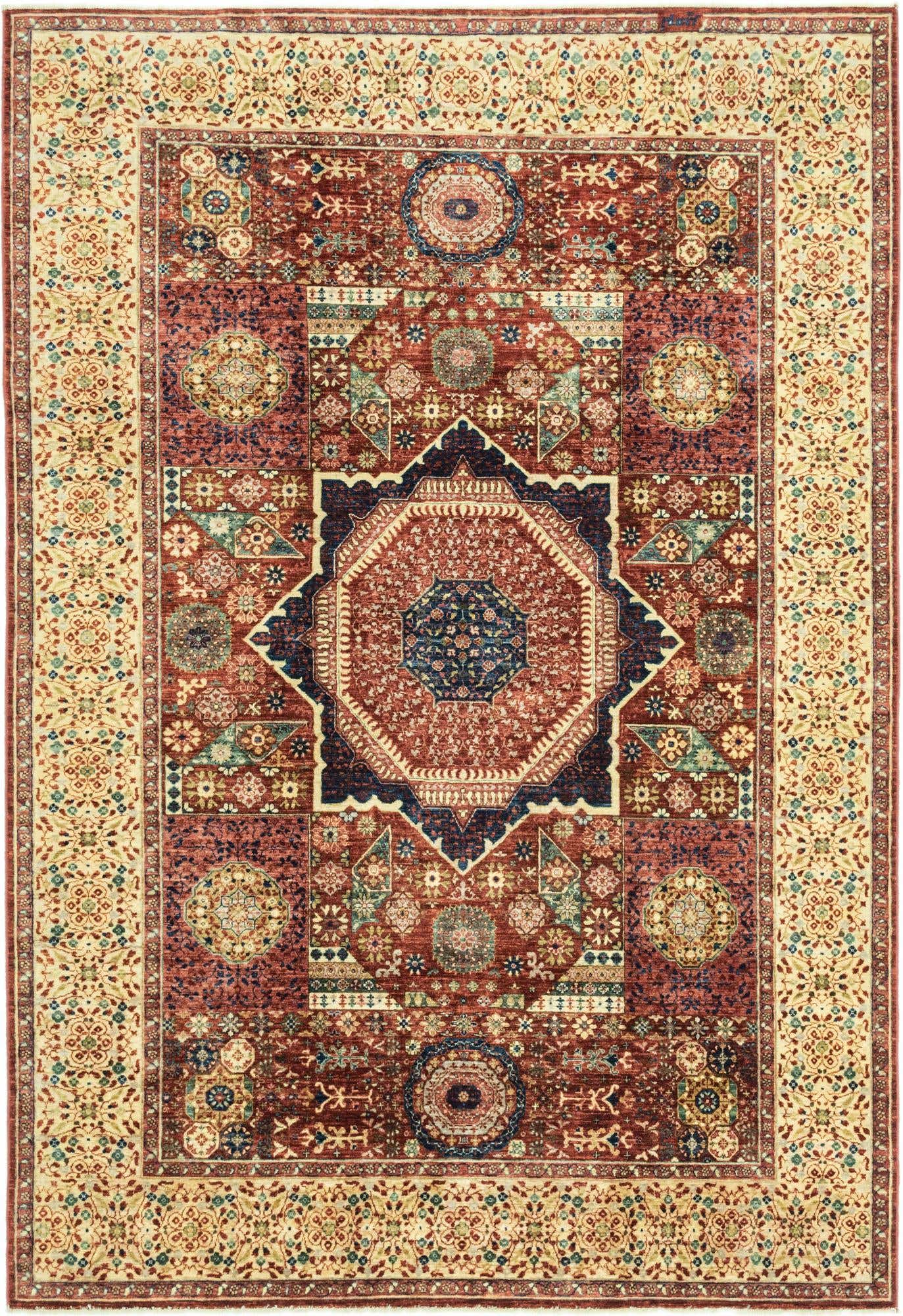 A 7x10 rectangular Mamluk Ziegler rug featuring a central medallion in reds, blues, and creams, with intricate traditional patterns.